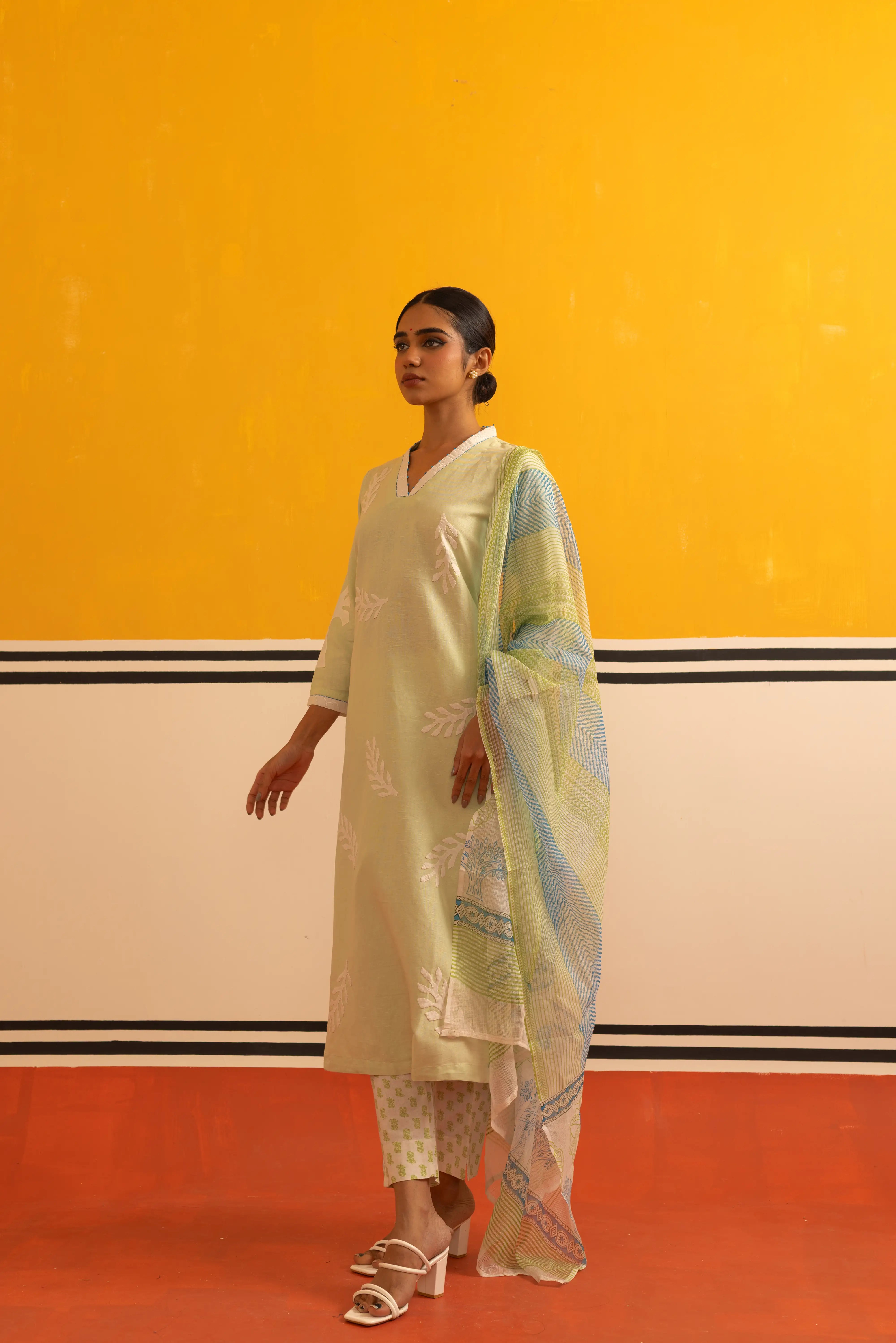 C. Green Linen Straight Suit Set