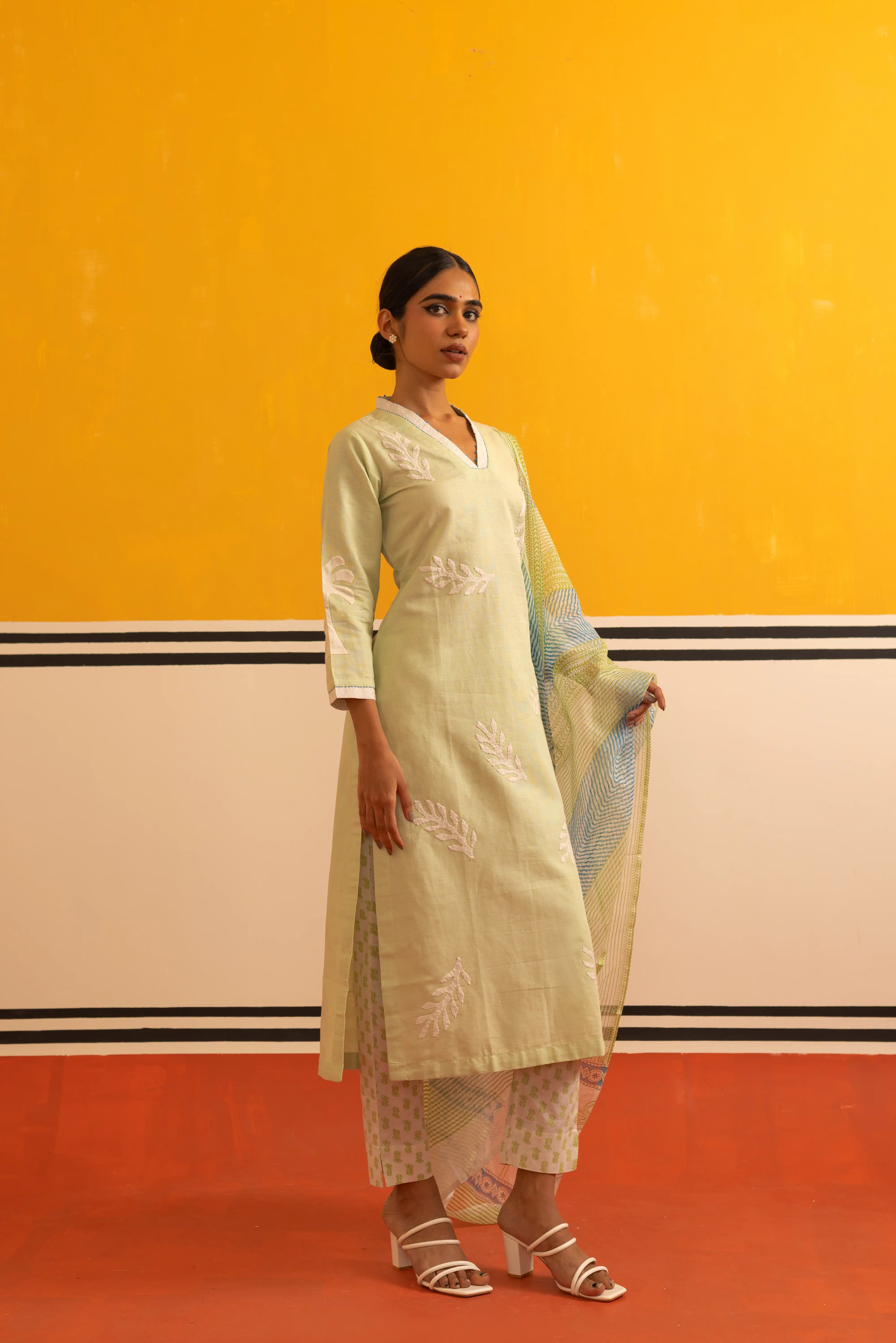 C. Green Linen Straight Suit Set