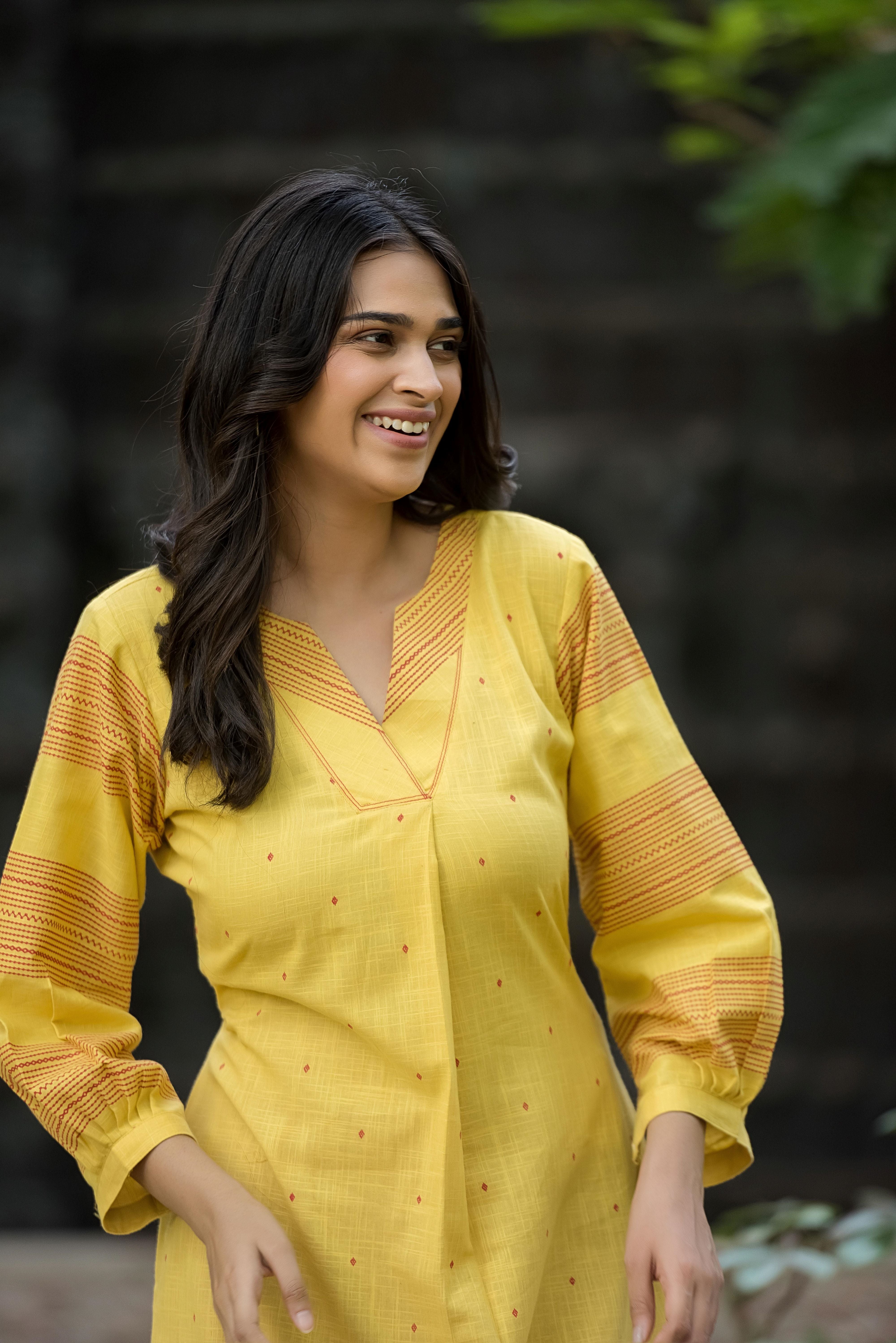 Linen Yellow Box Pattern Kurti