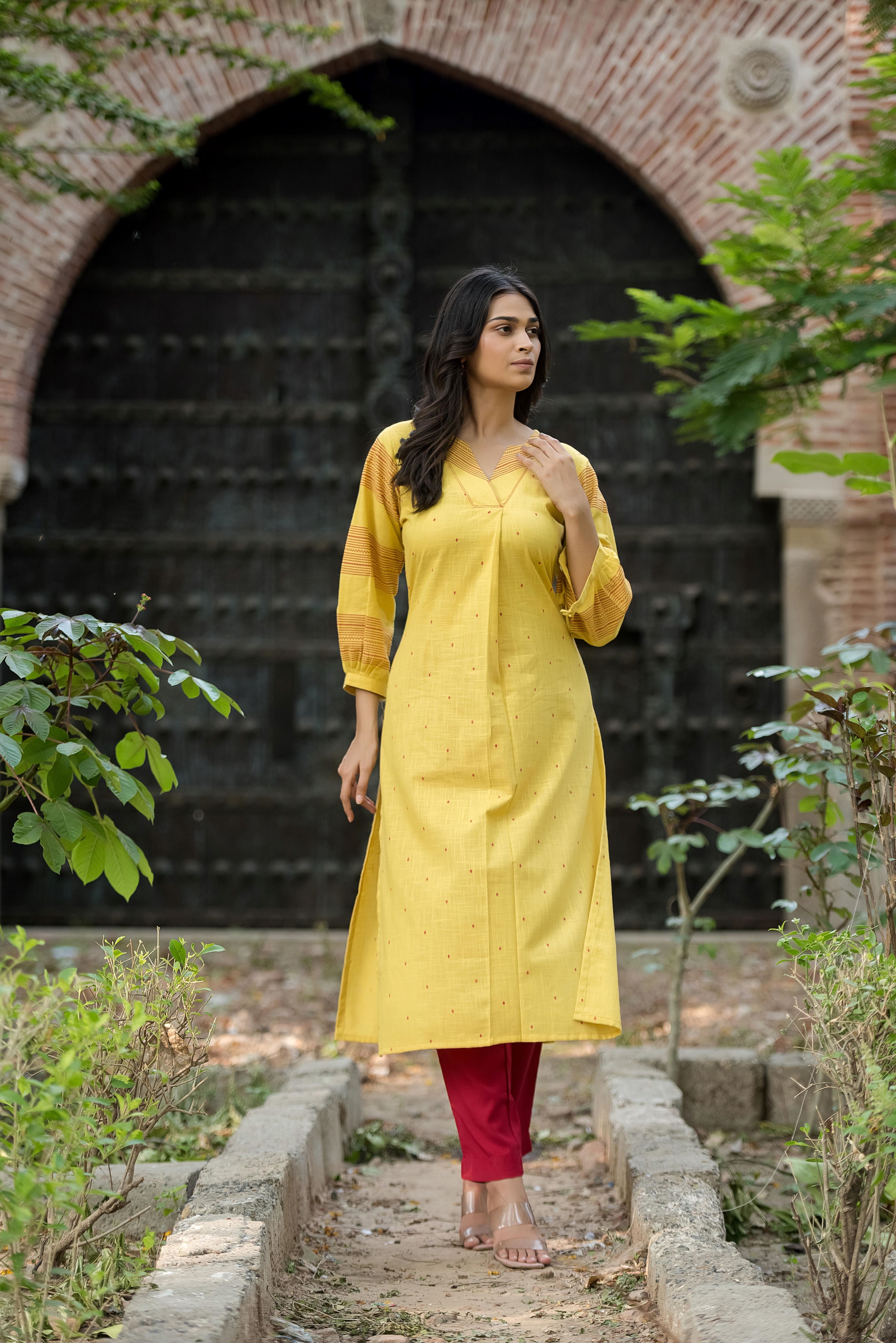 Linen Yellow Box Pattern Kurti