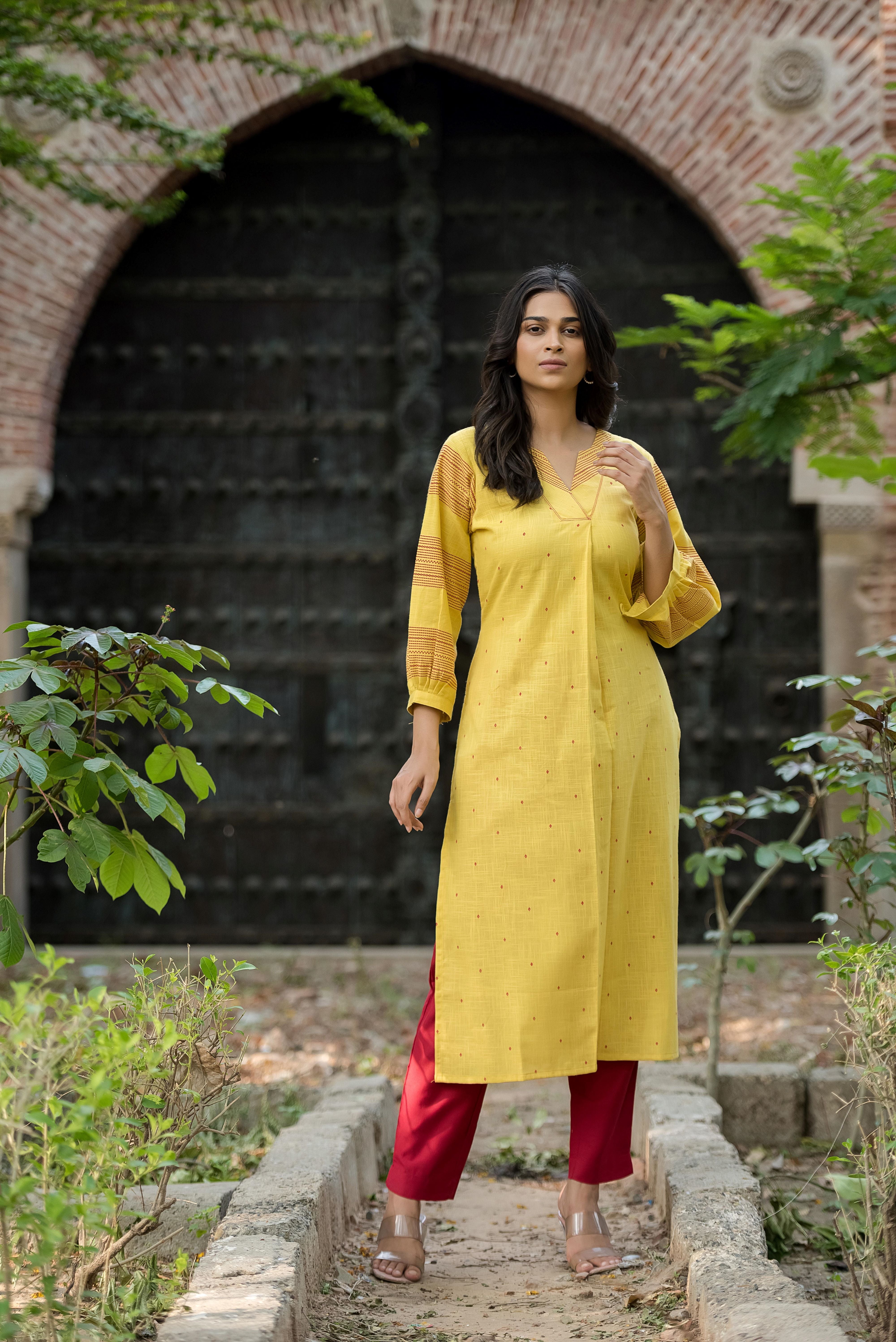 Linen Yellow Box Pattern Kurti