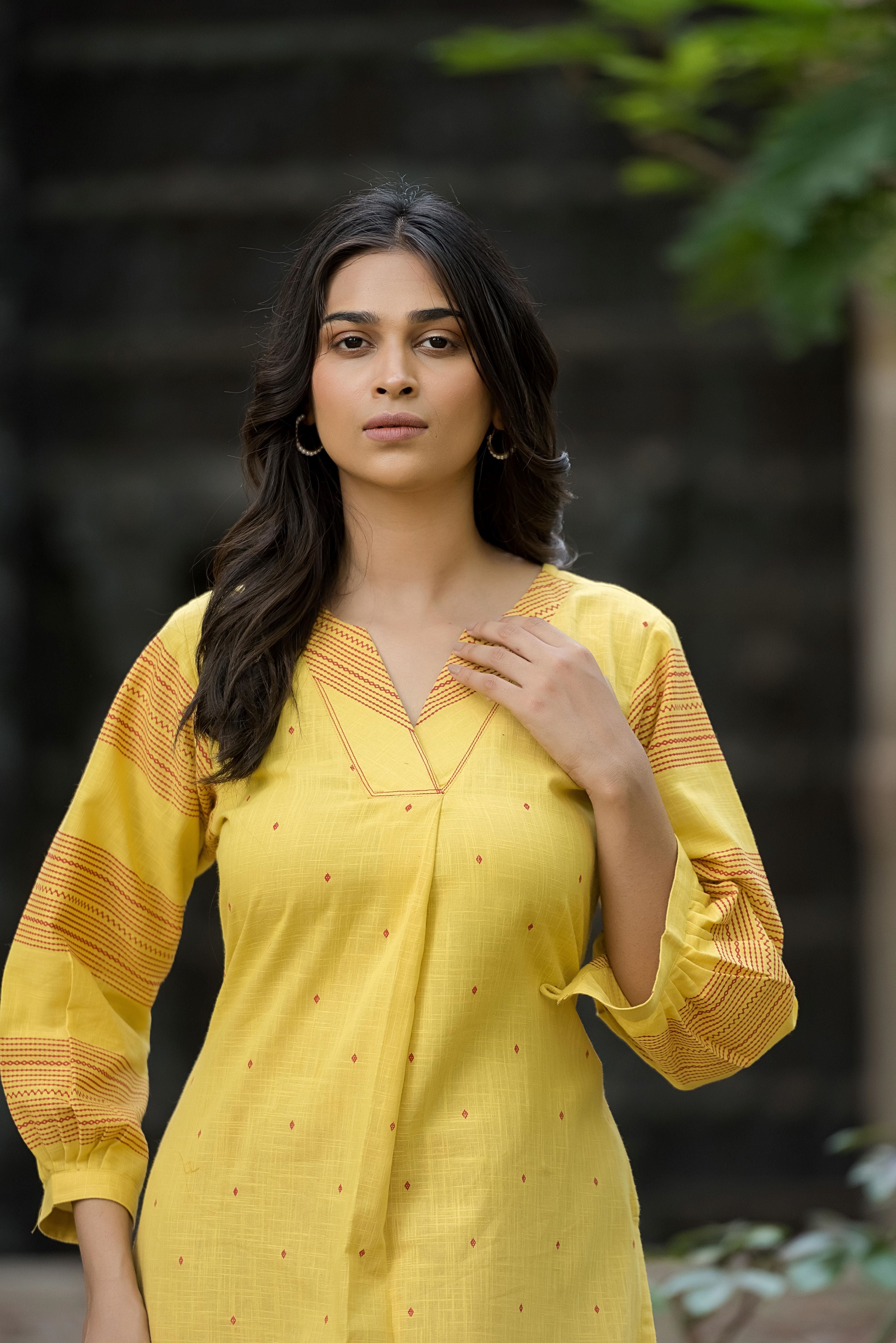 Linen Yellow Box Pattern Kurti