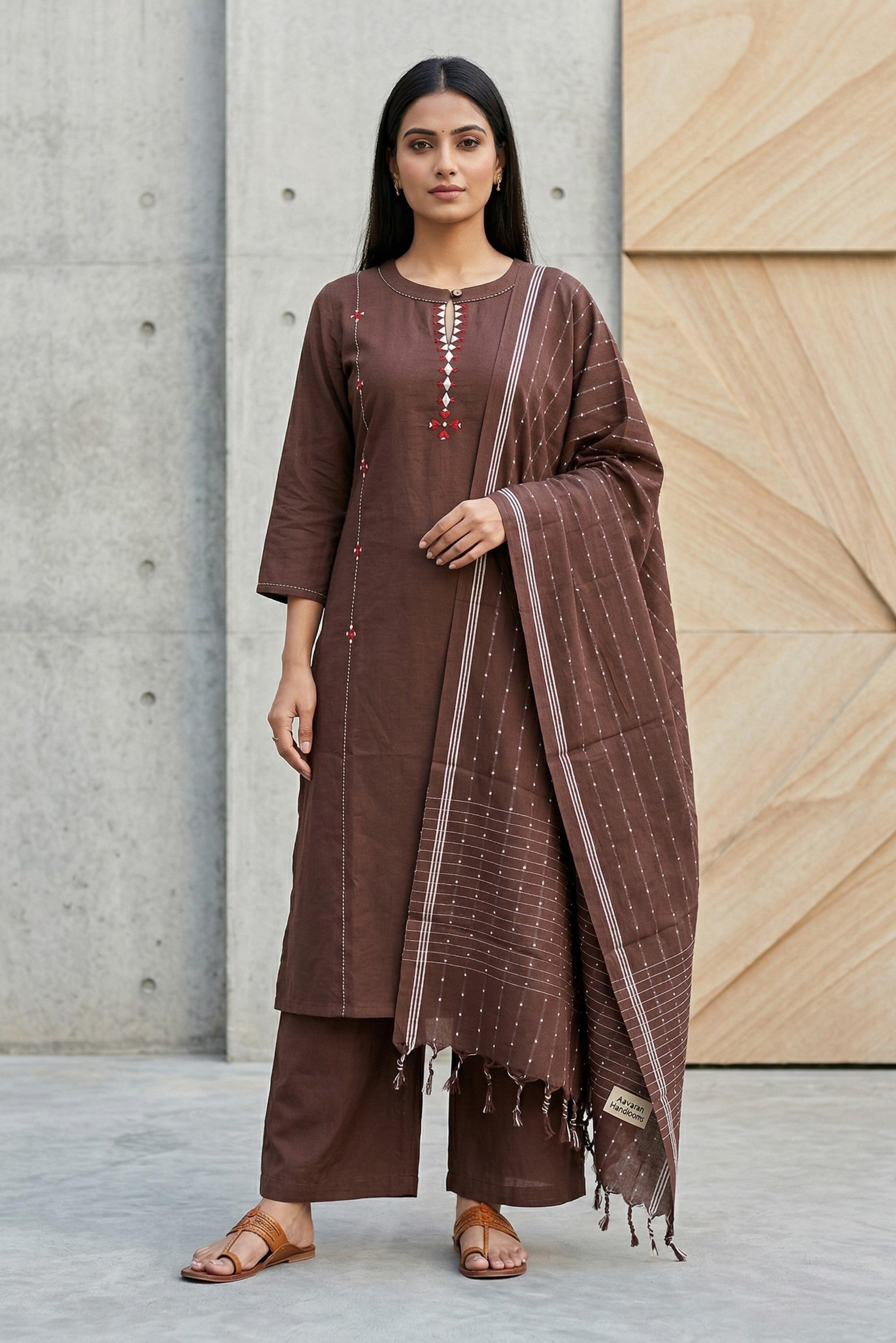 Brown Cotton Straight Salwar Suit