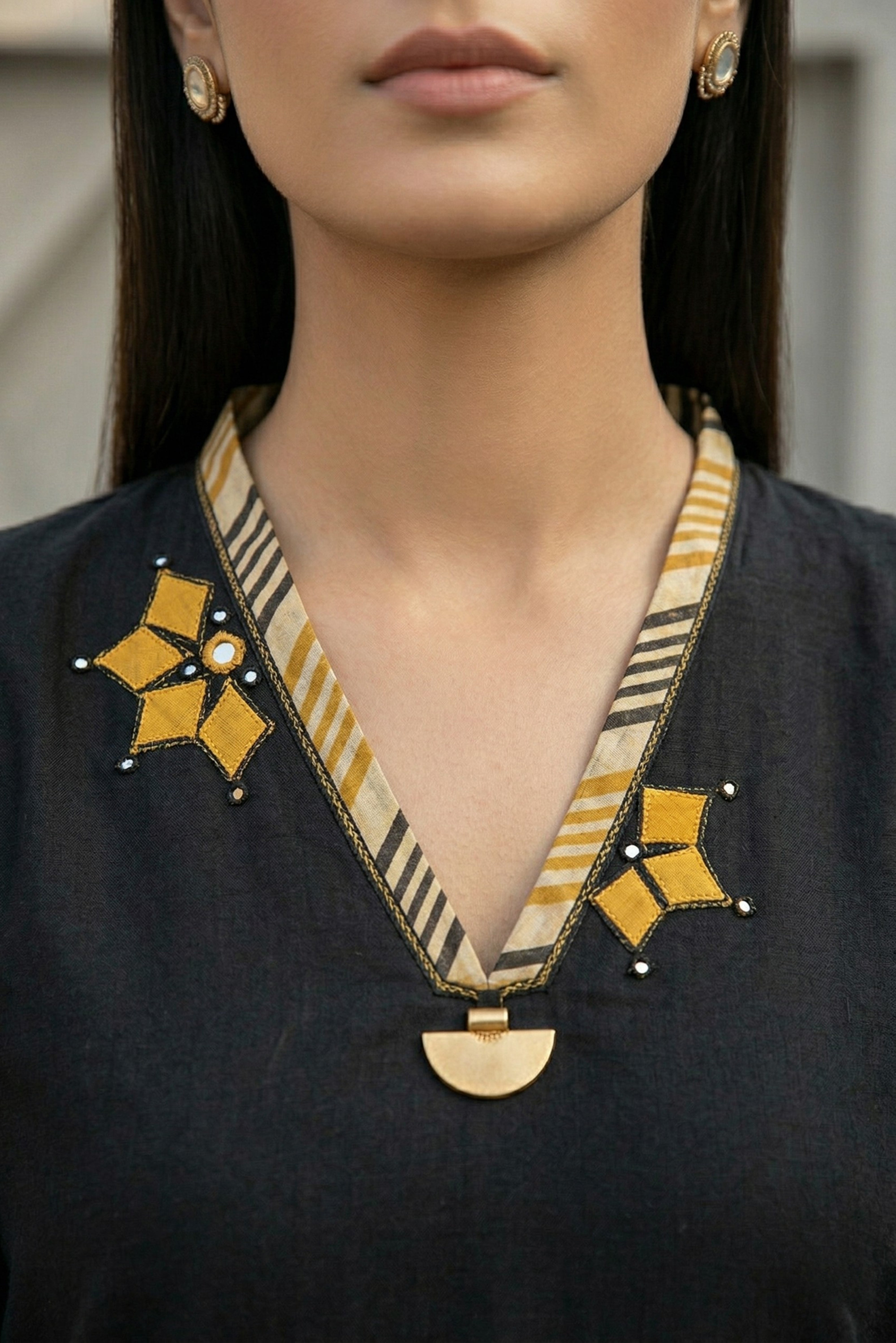 Black Appliqué Cotton Suit Set