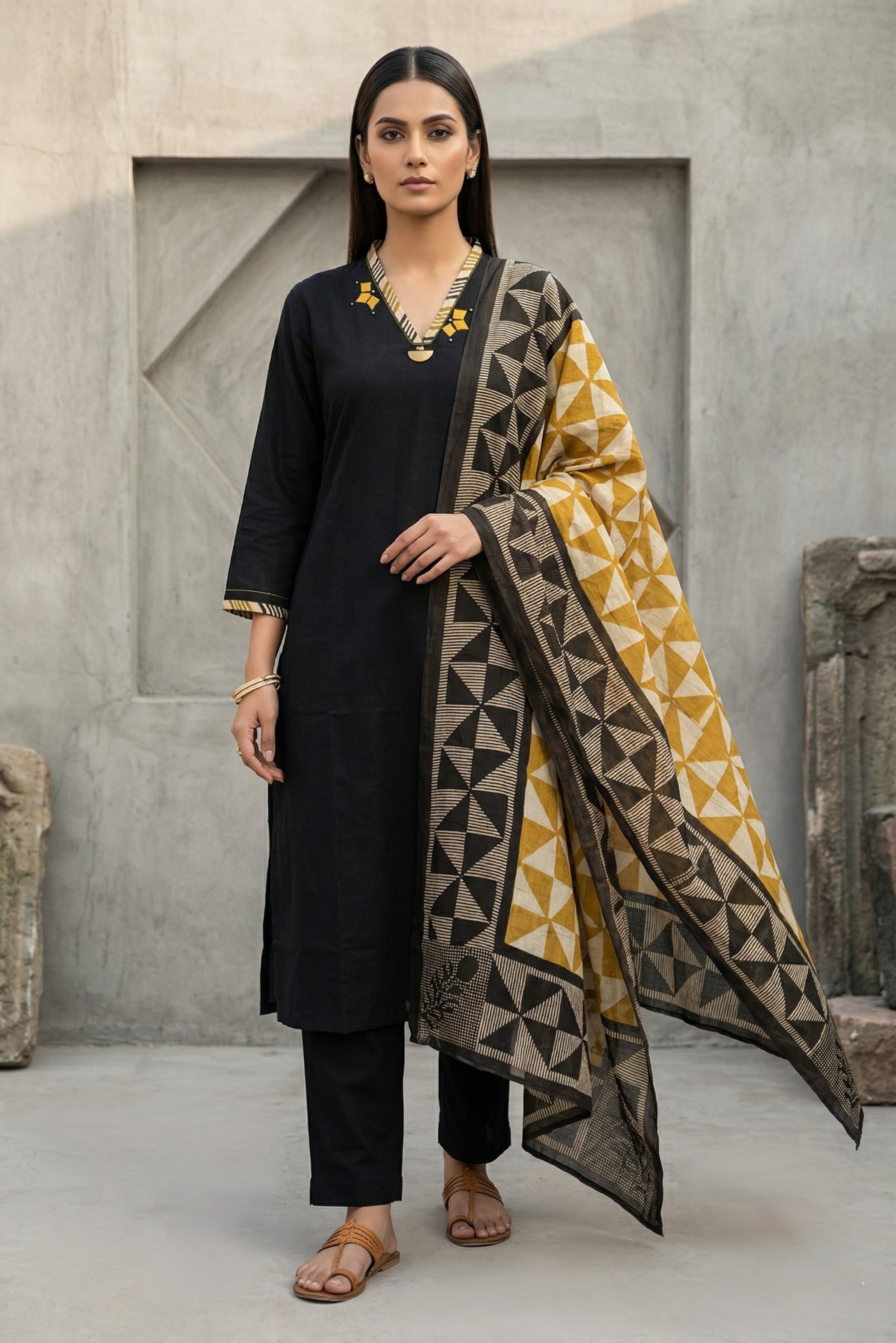 Black Appliqué Cotton Suit Set