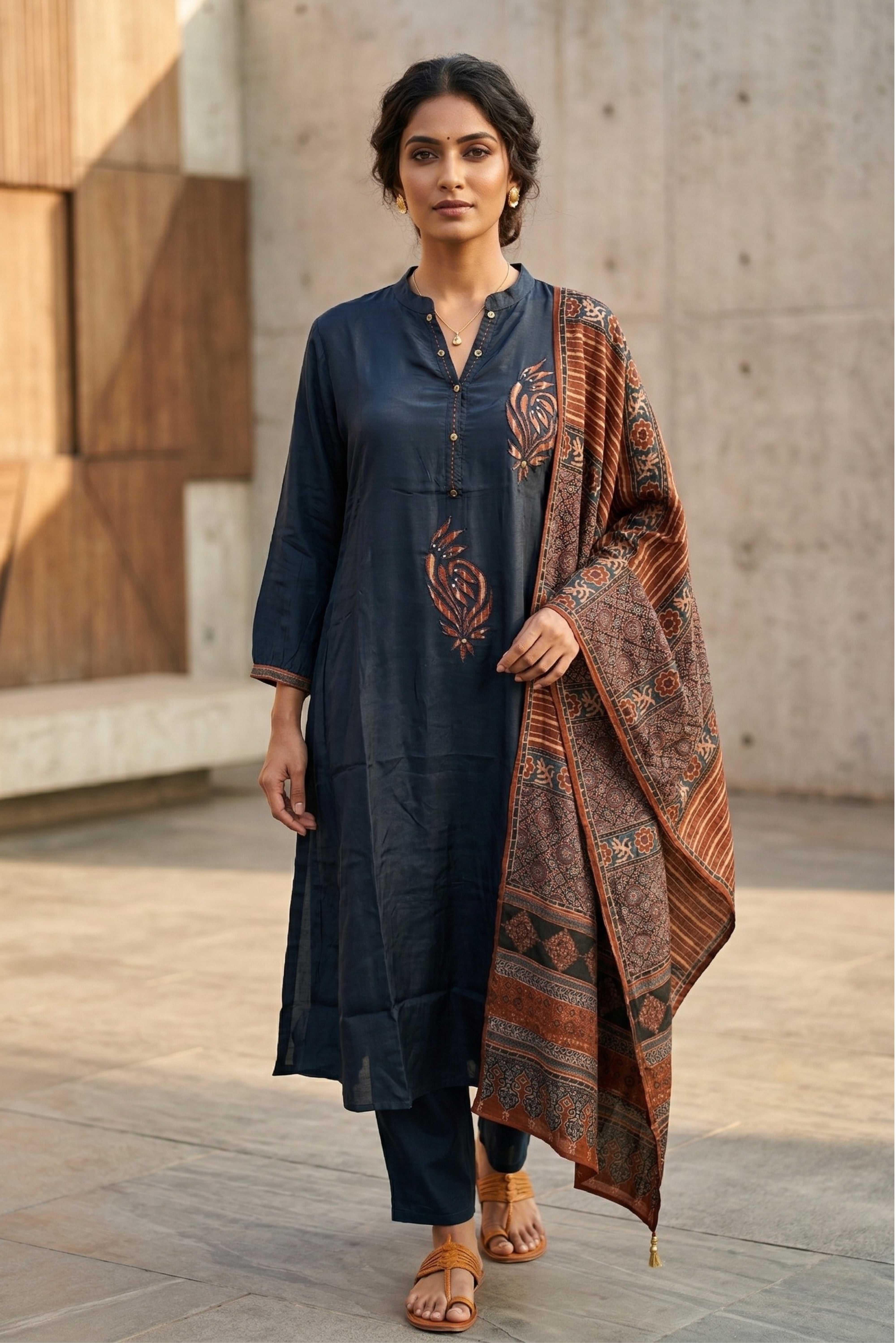 Blue Straight Cotton Suit Set