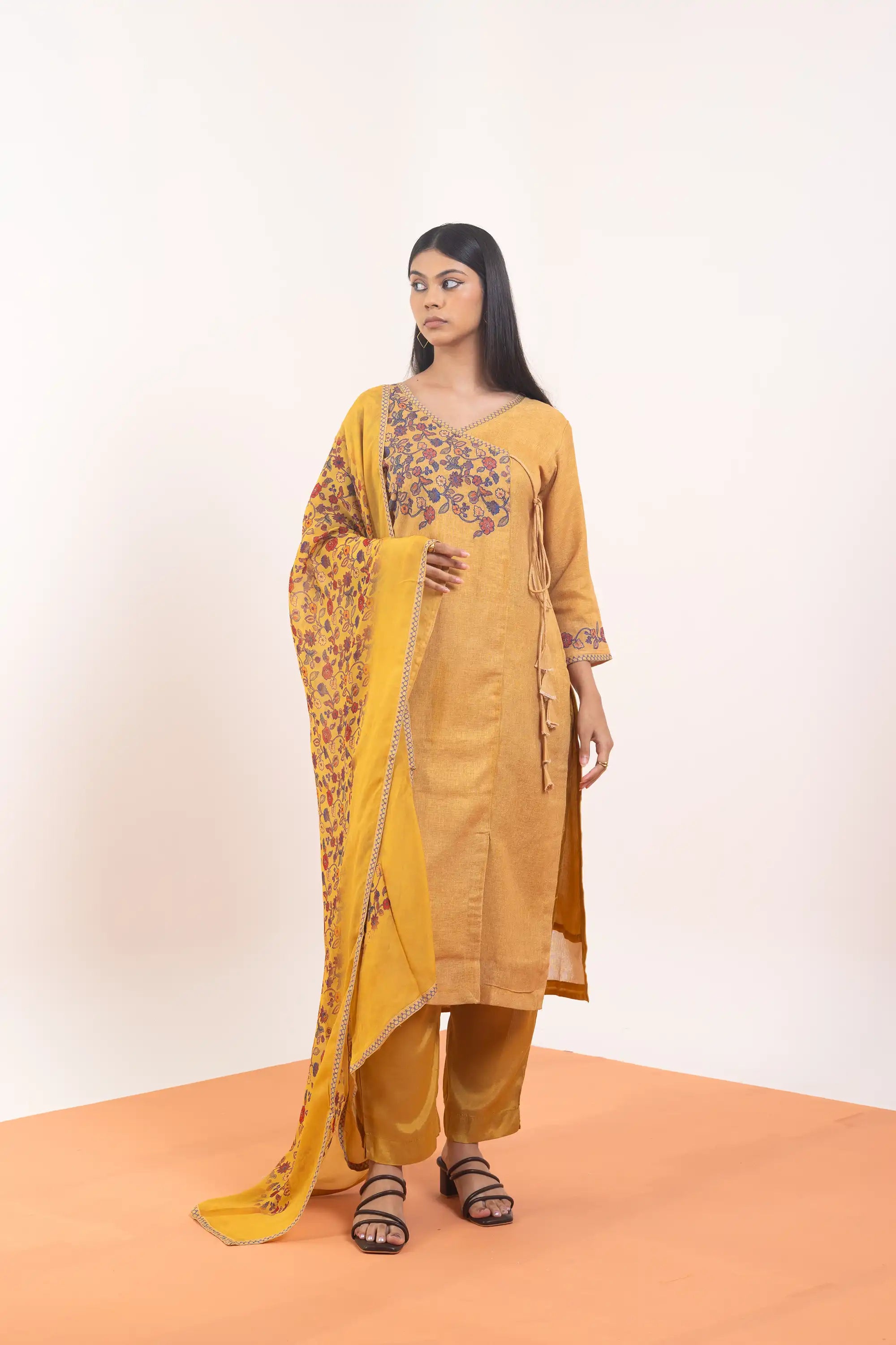 PAYAL Linen Jute Kurta Suit Set with Angrakha Design