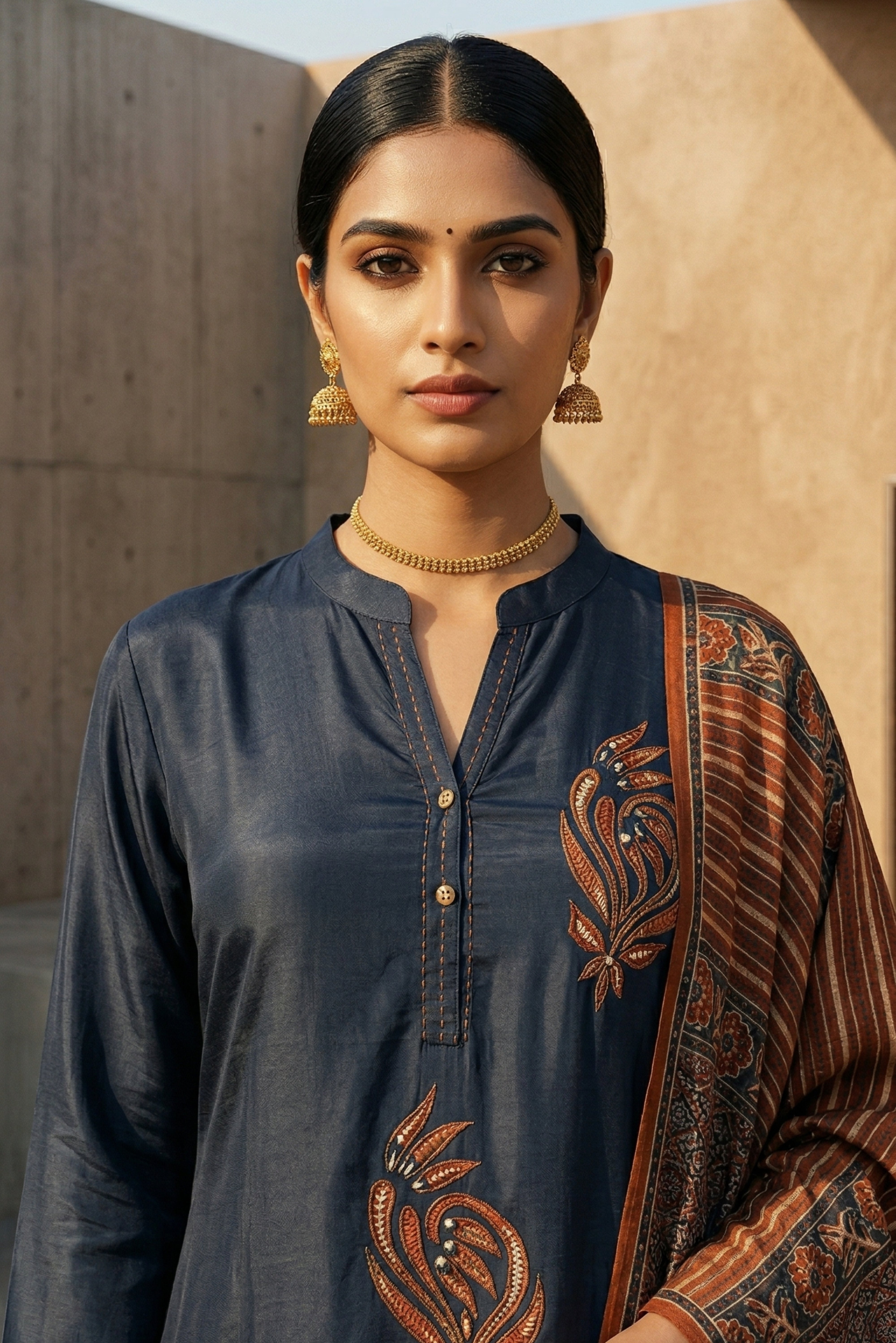 Blue Straight Cotton Suit Set