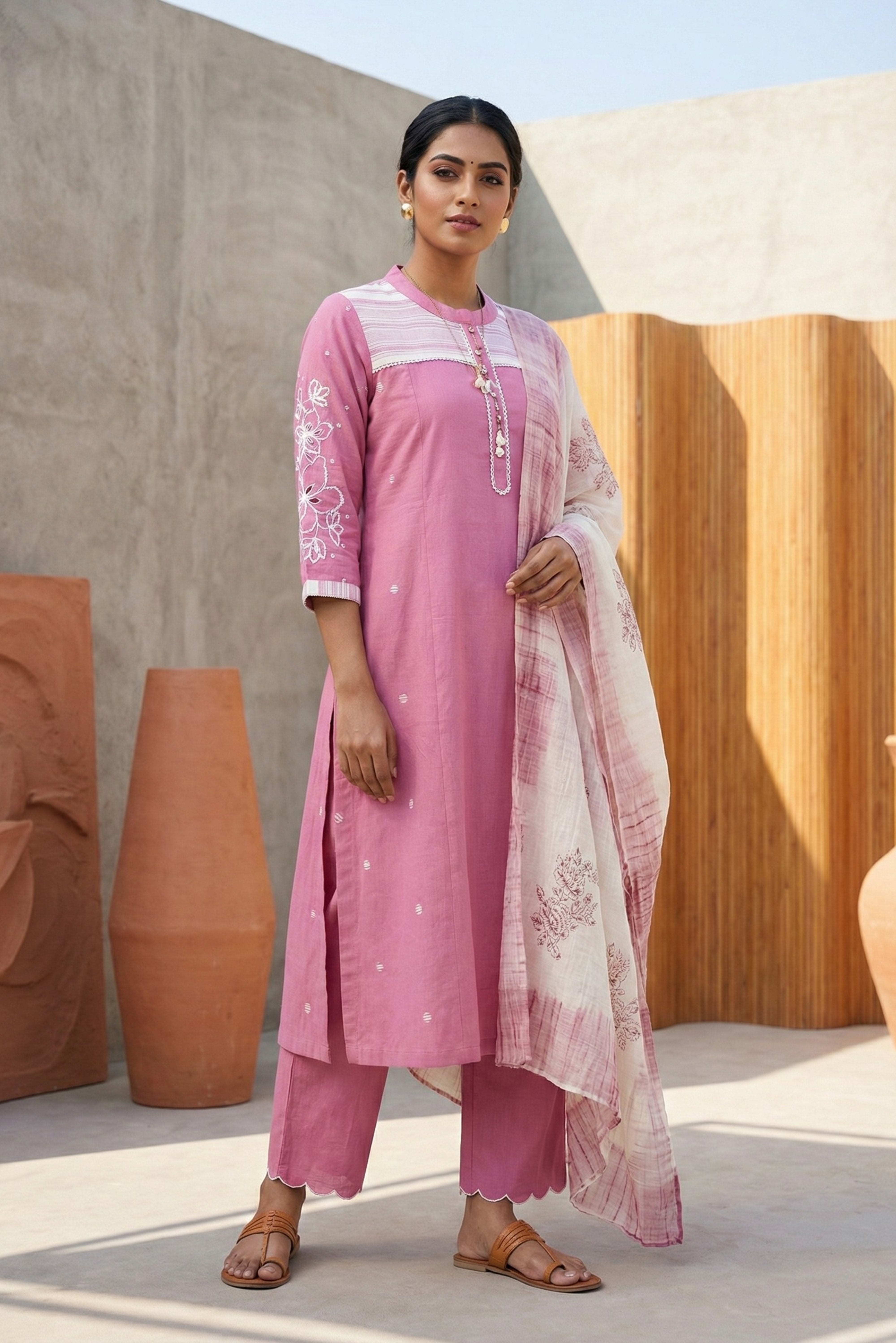 Pink A-line Cotton Suit Set