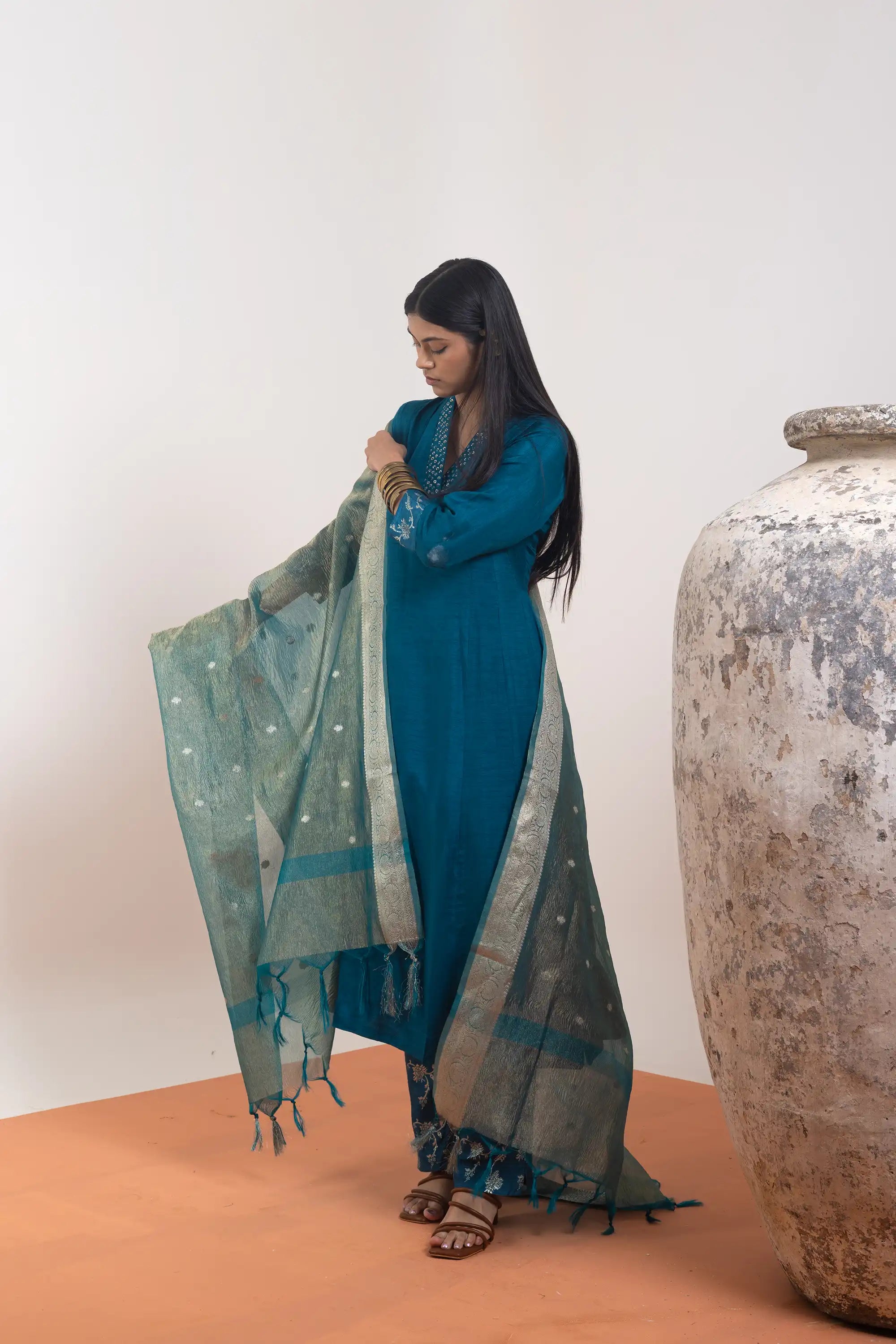 PAYAL Peacock Blue Kurta Suit Set with Banarasi Dupatta