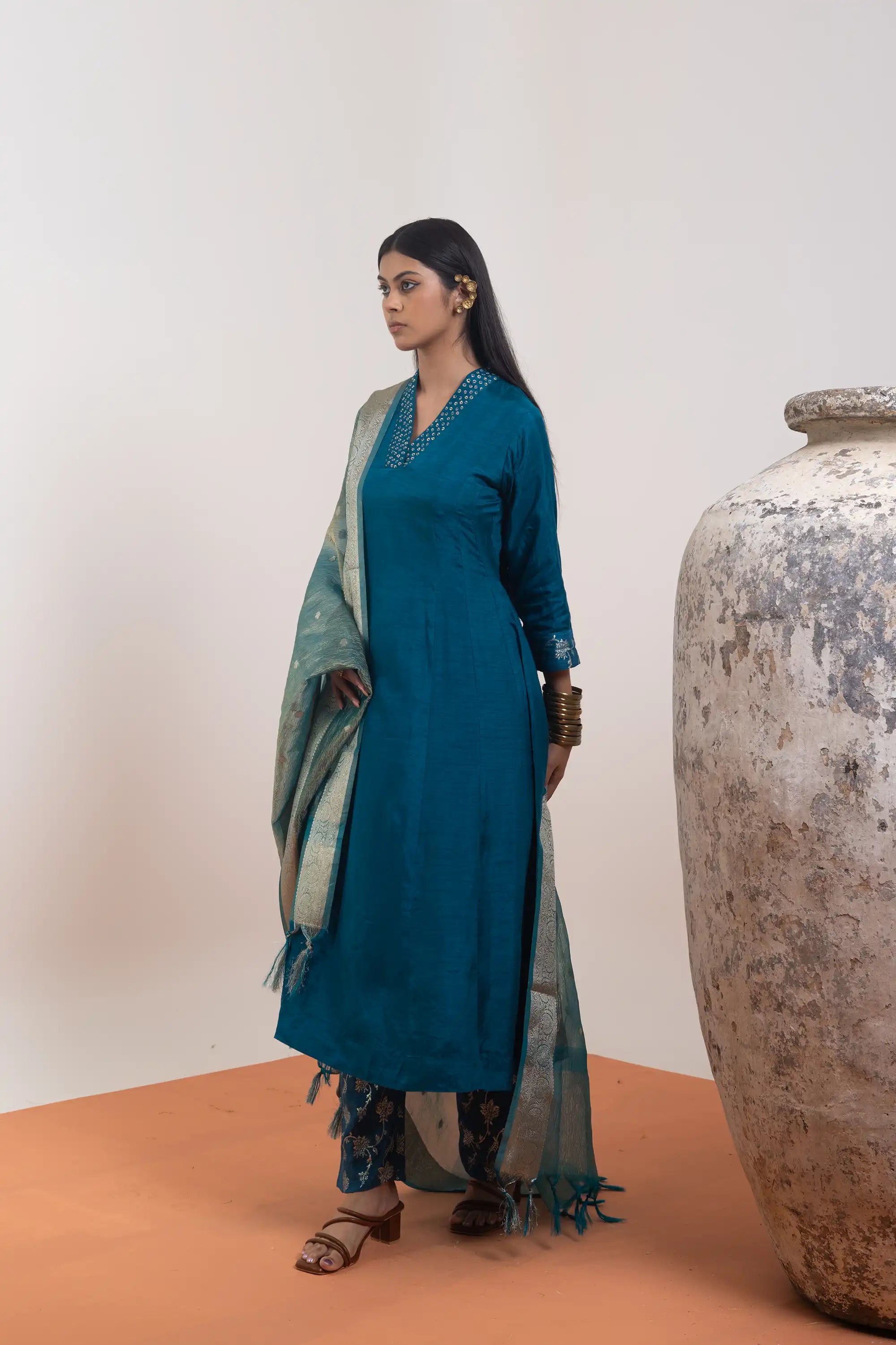 PAYAL Peacock Blue Kurta Suit Set with Banarasi Dupatta