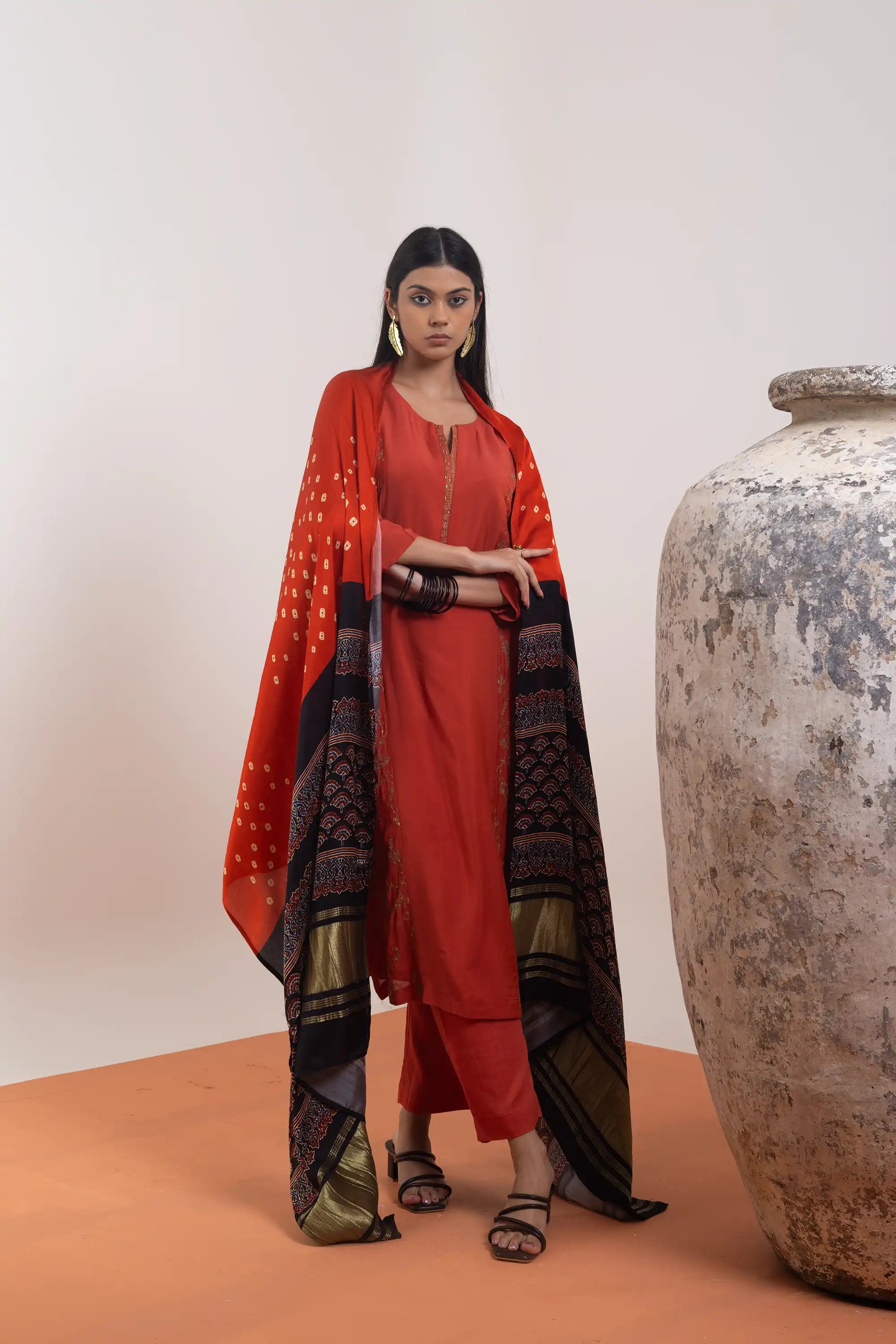 PAYAL Rust Silk Kurta Suit Set with Printed Silk Dupatta
