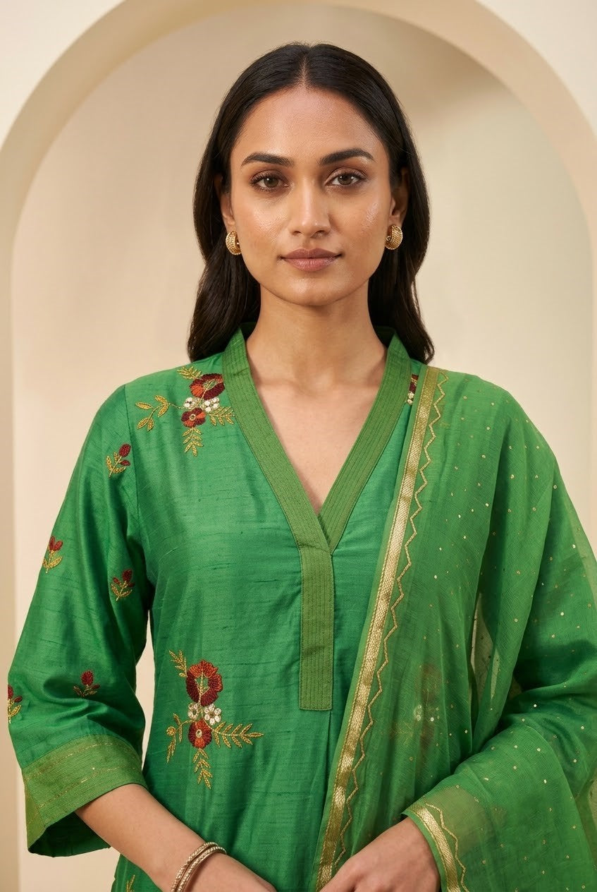 Elegant Bottle Green Chanderi A-line Salwar Suit