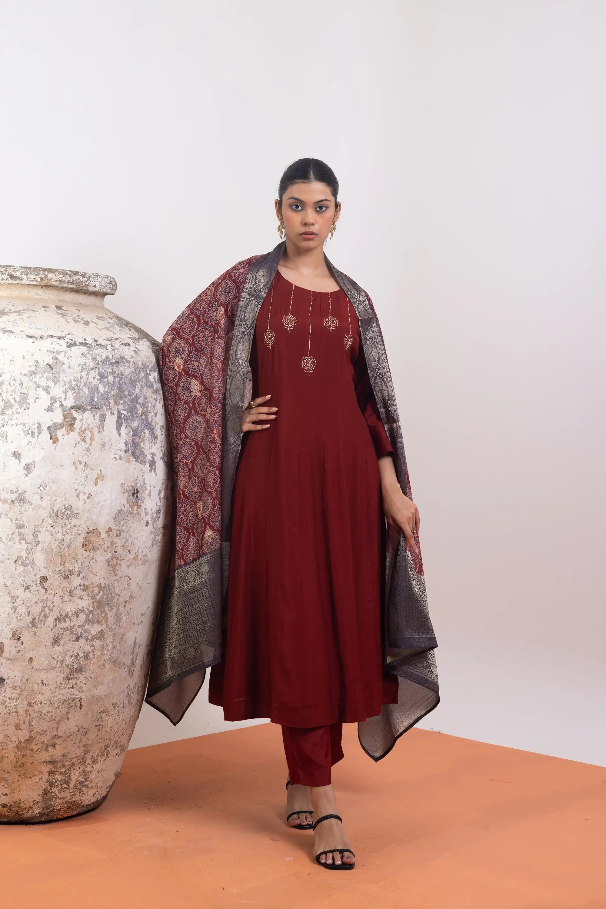 PAYAL Maroon Kalidar Suit Set with Printed Dupatta