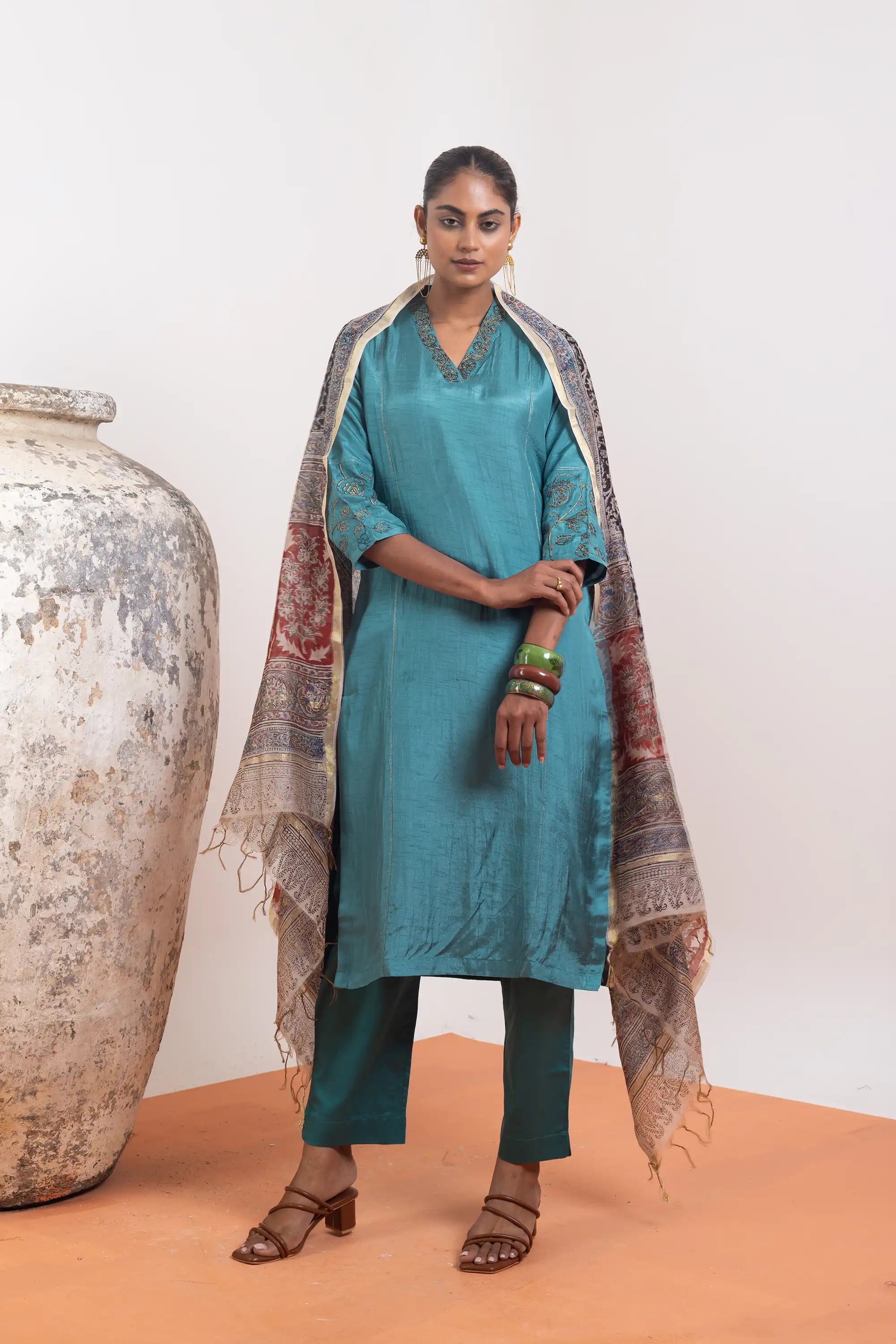 PAYAL Sea Blue Kurta Suit Set in Dola Silk