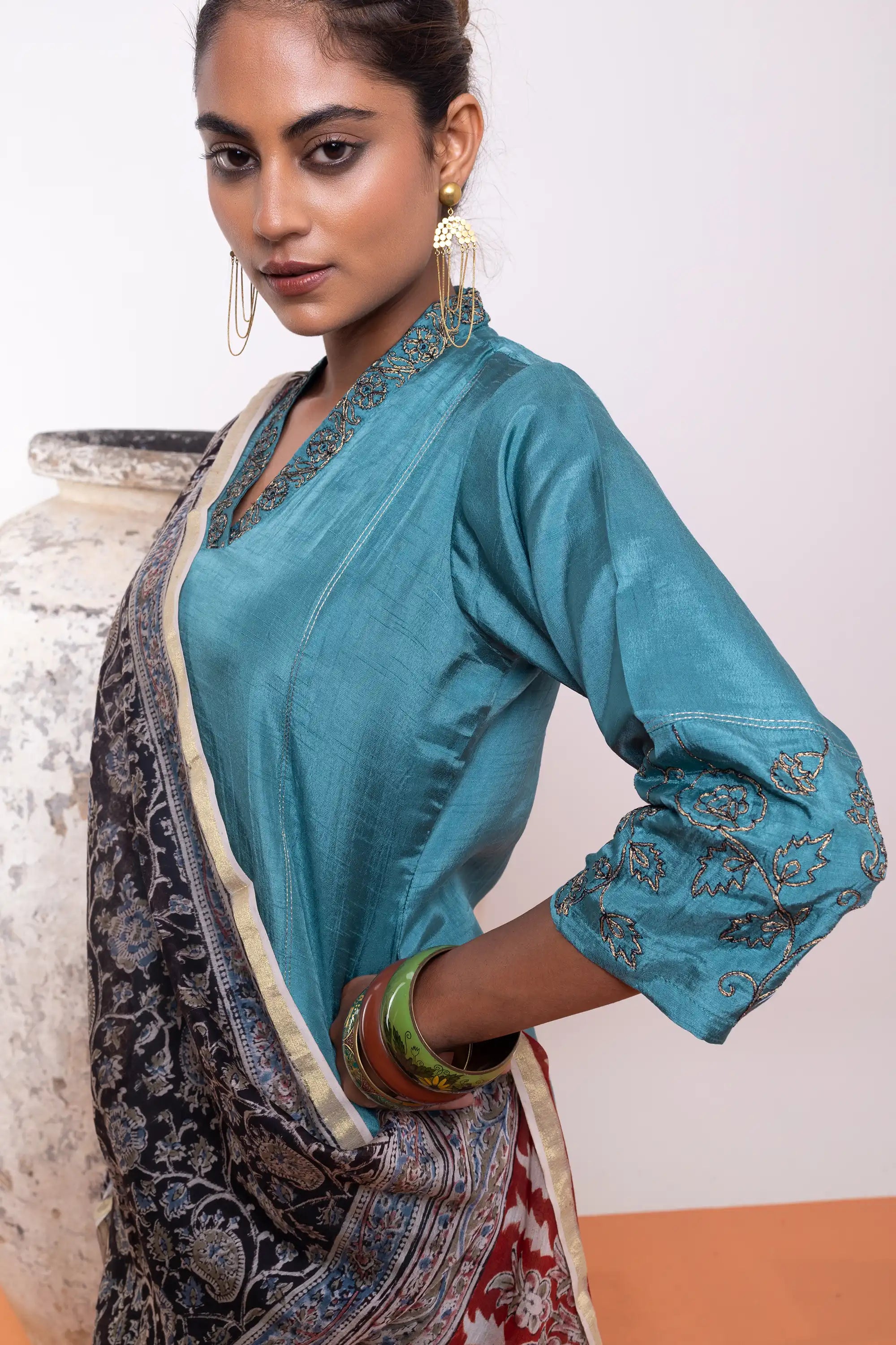 PAYAL Sea Blue Kurta Suit Set in Dola Silk