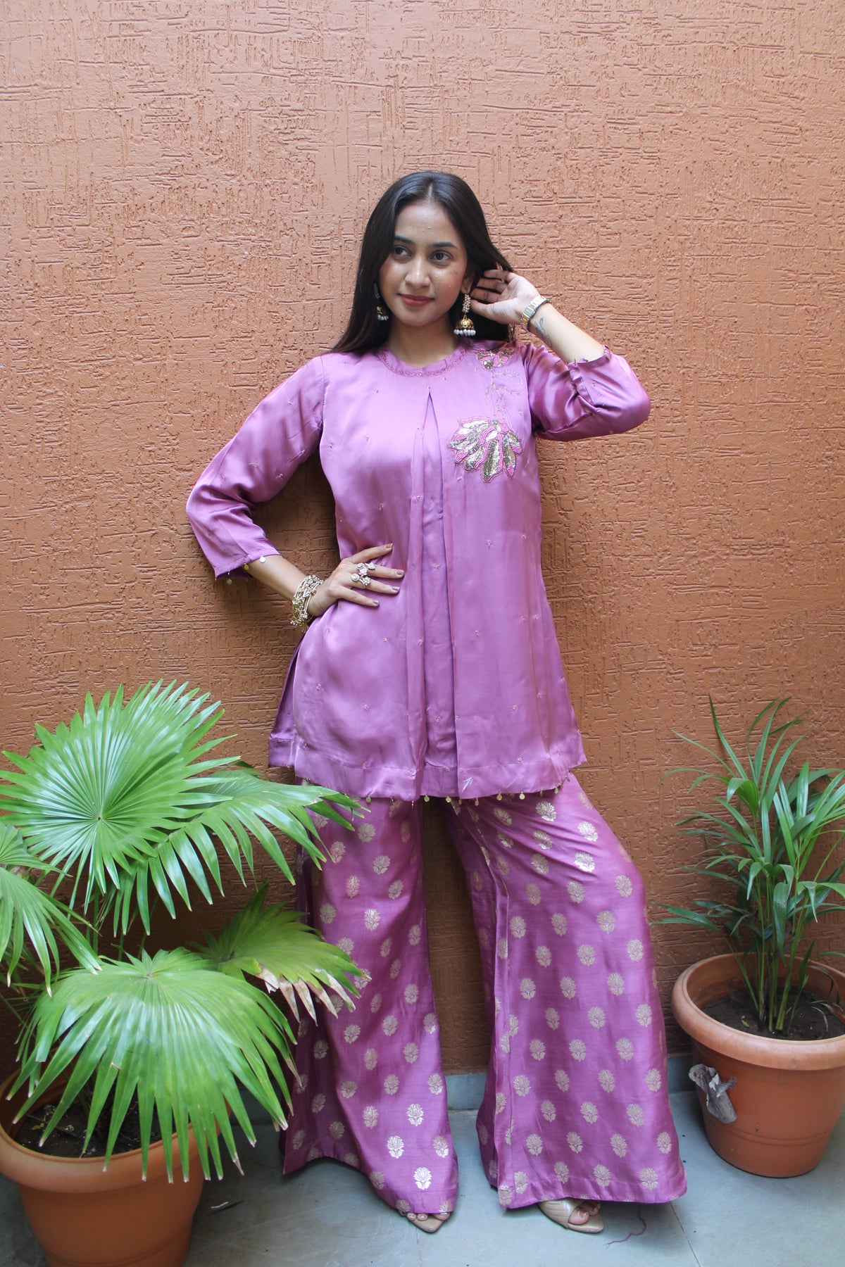 Lilac Festive Silk Short Top and Bottom Set