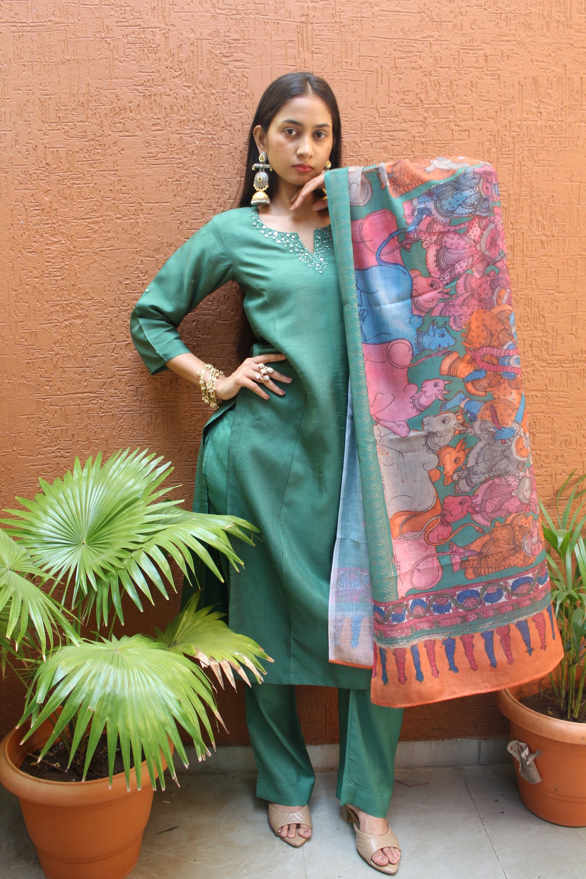 Green Silk Cotton Straight Suit Set