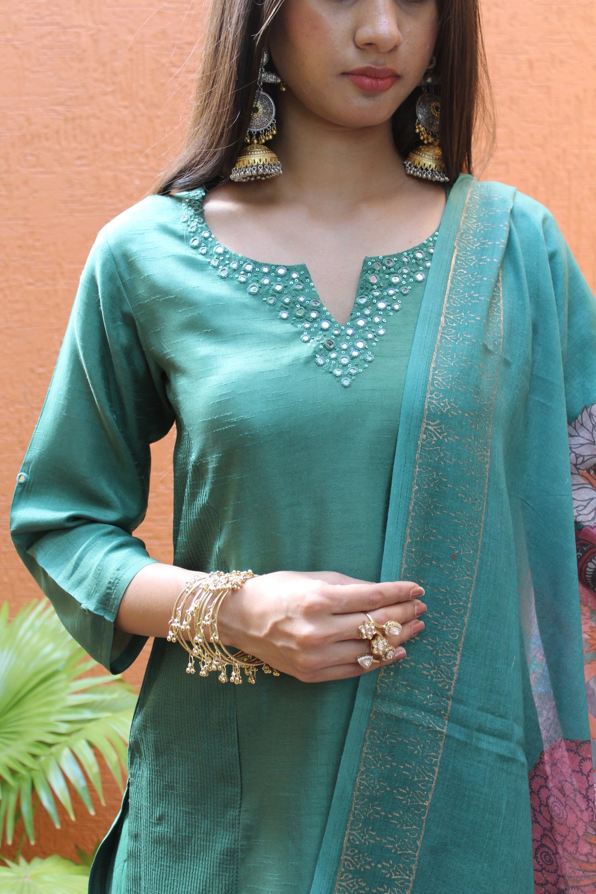 Green Silk Cotton Straight Suit Set