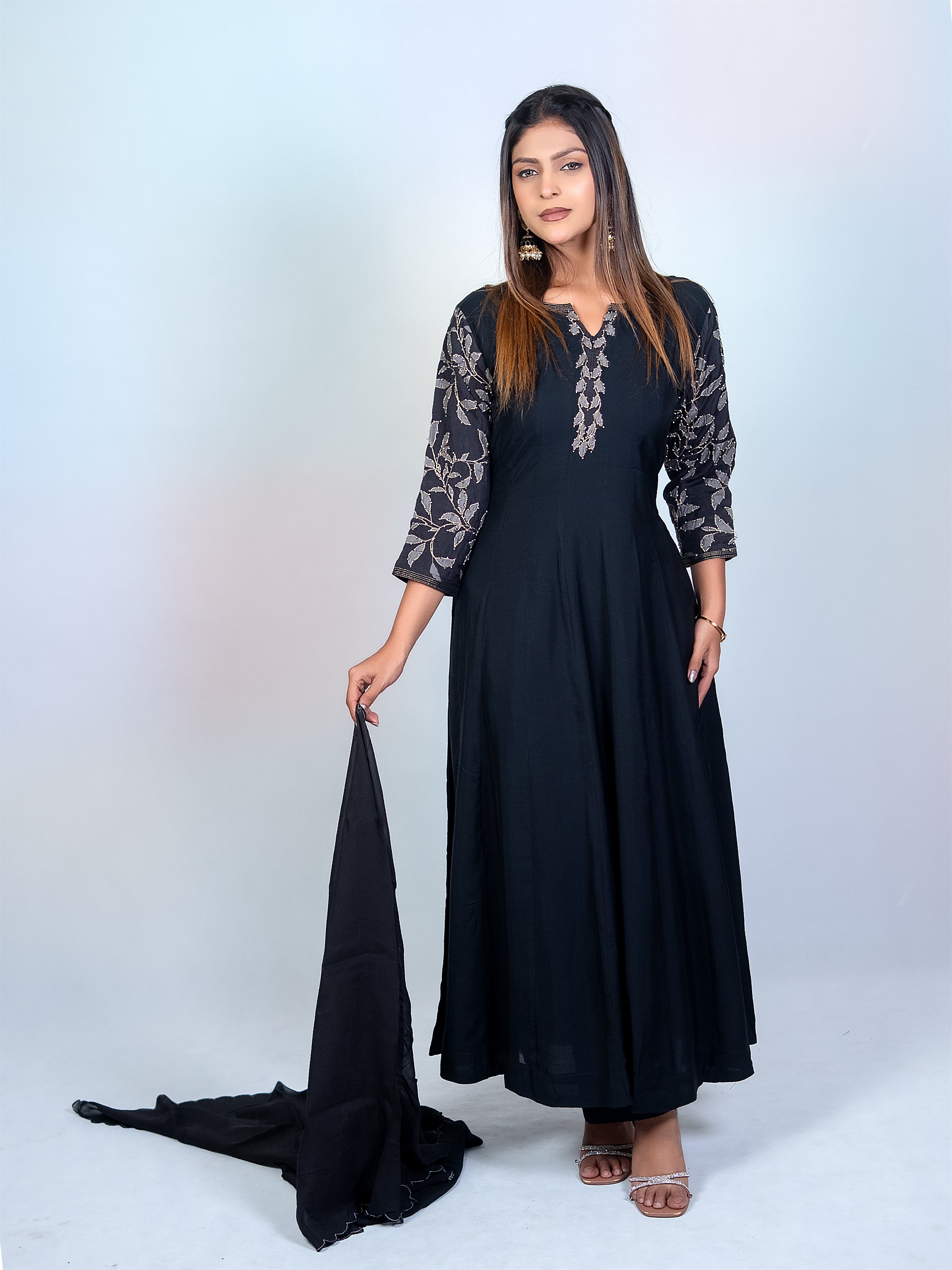Black Muslin Flared Salwar Suit