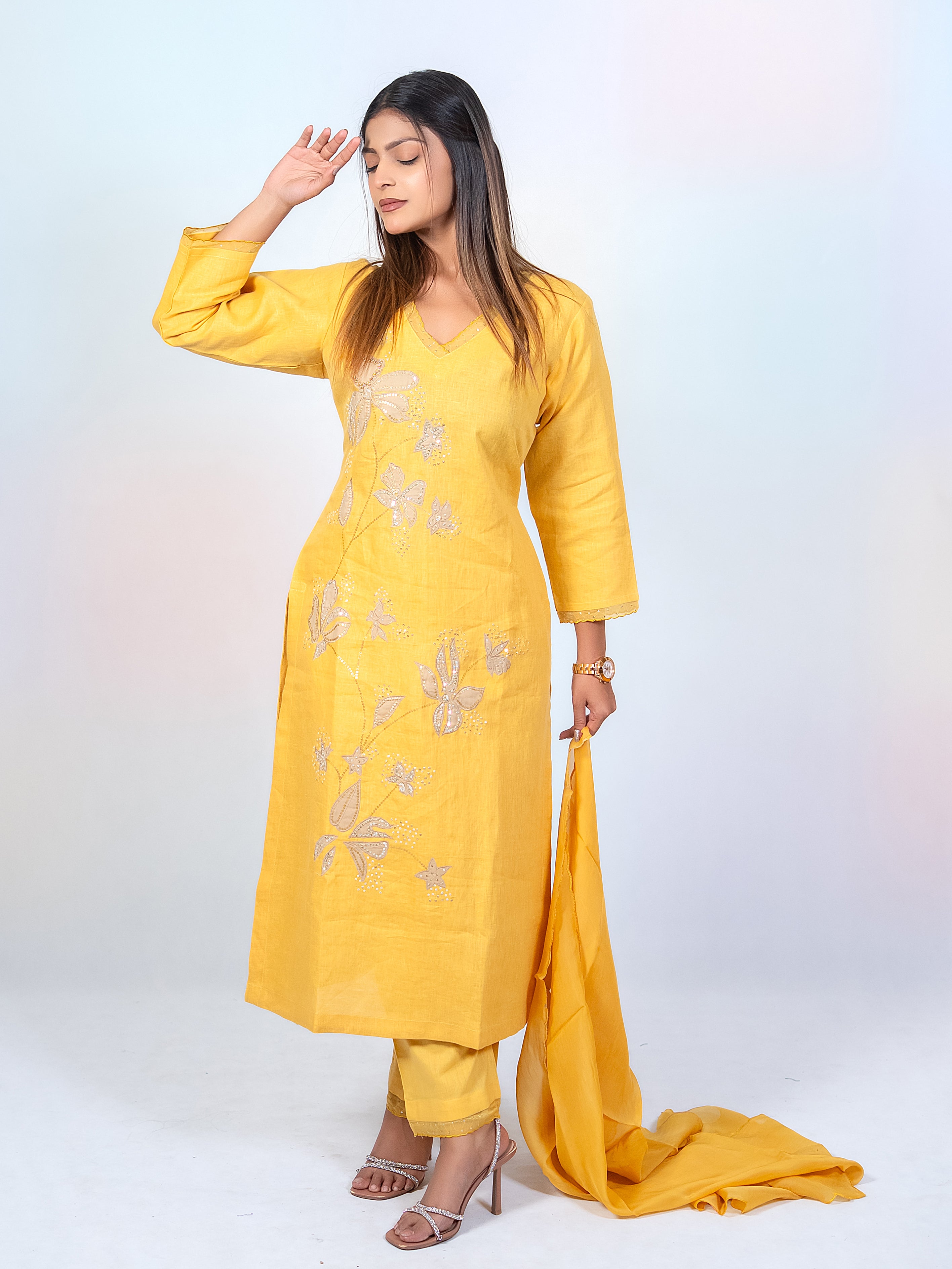 Yellow Linen A-Line Salwar Suit
