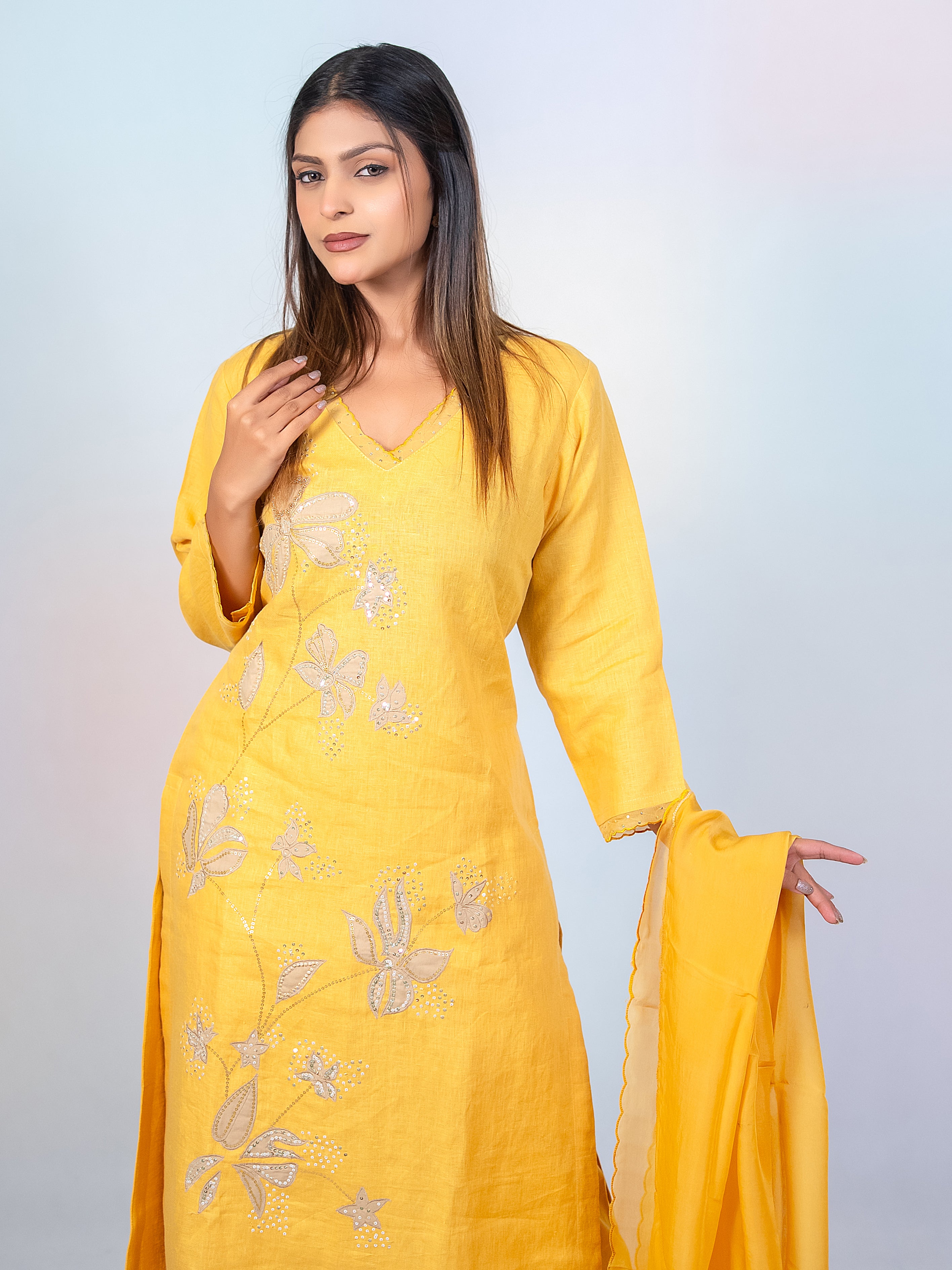 Yellow Linen A-Line Salwar Suit