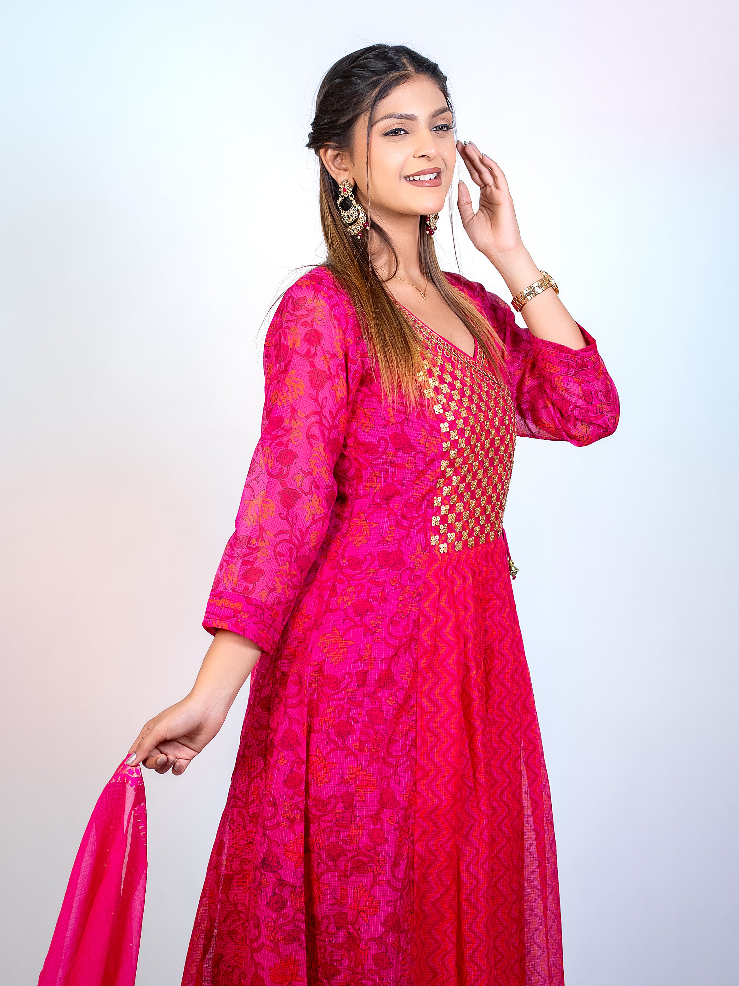 Pink Angarkha Kota Checks Festive Suit Set