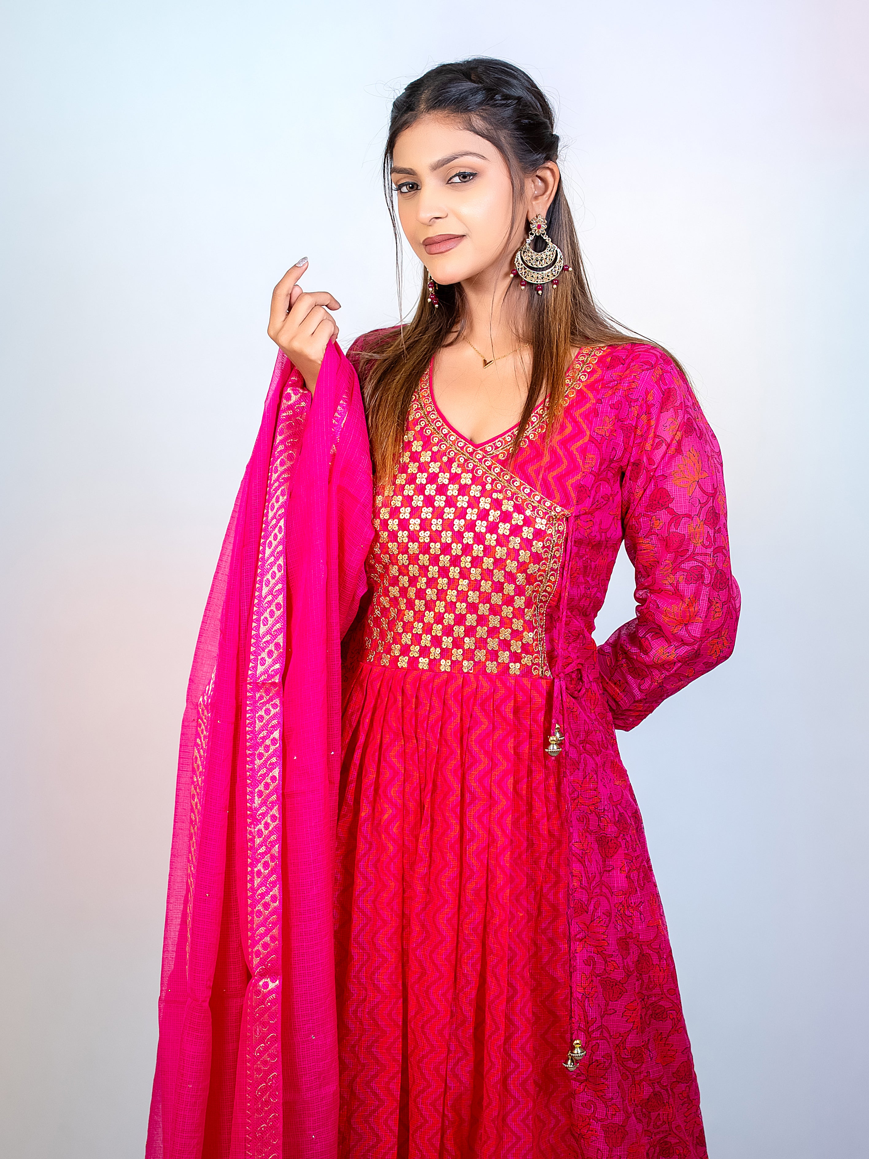 Pink Angarkha Kota Checks Festive Suit Set