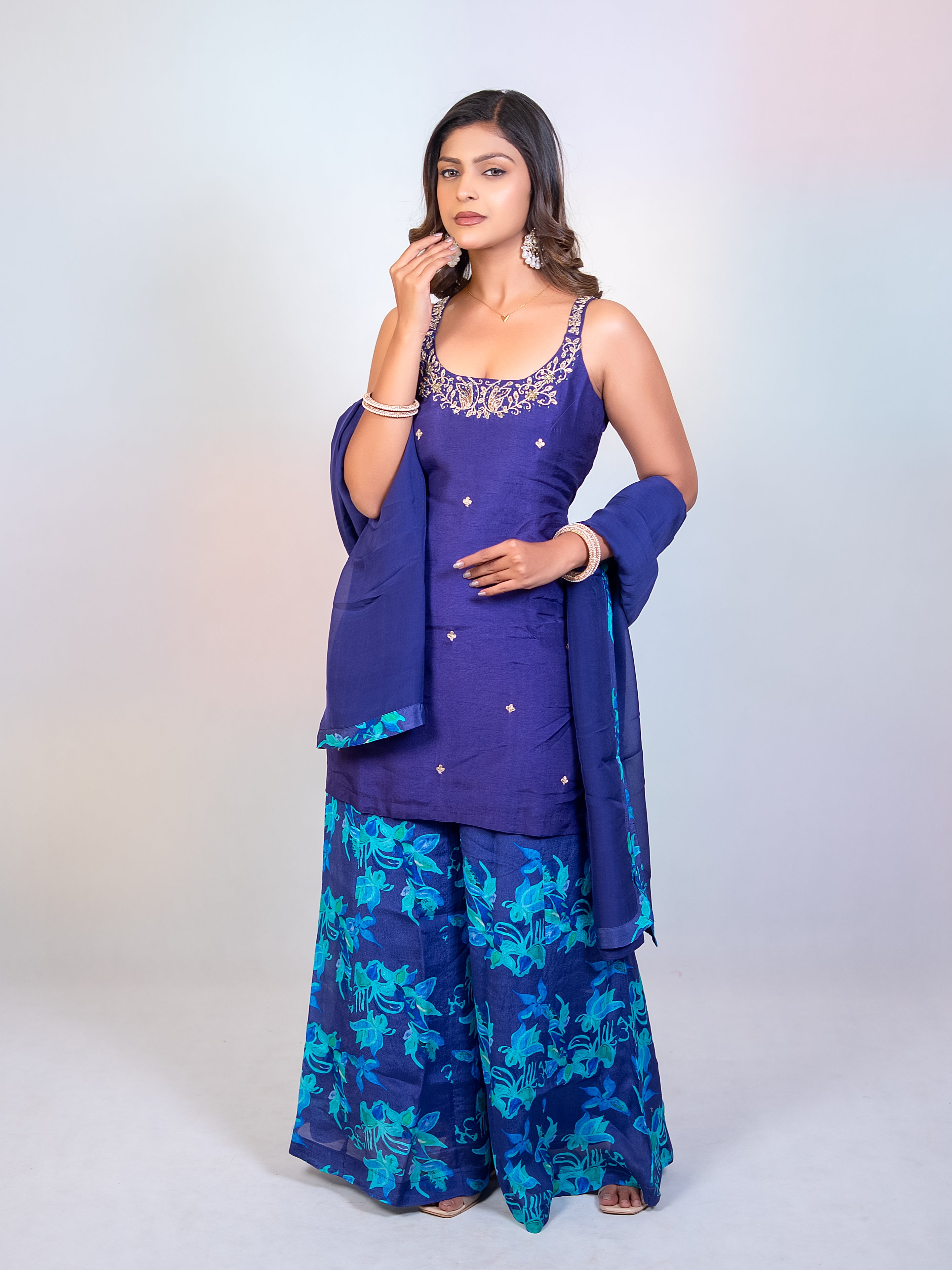 Dola Silk Purple Short Top & Sharara Set