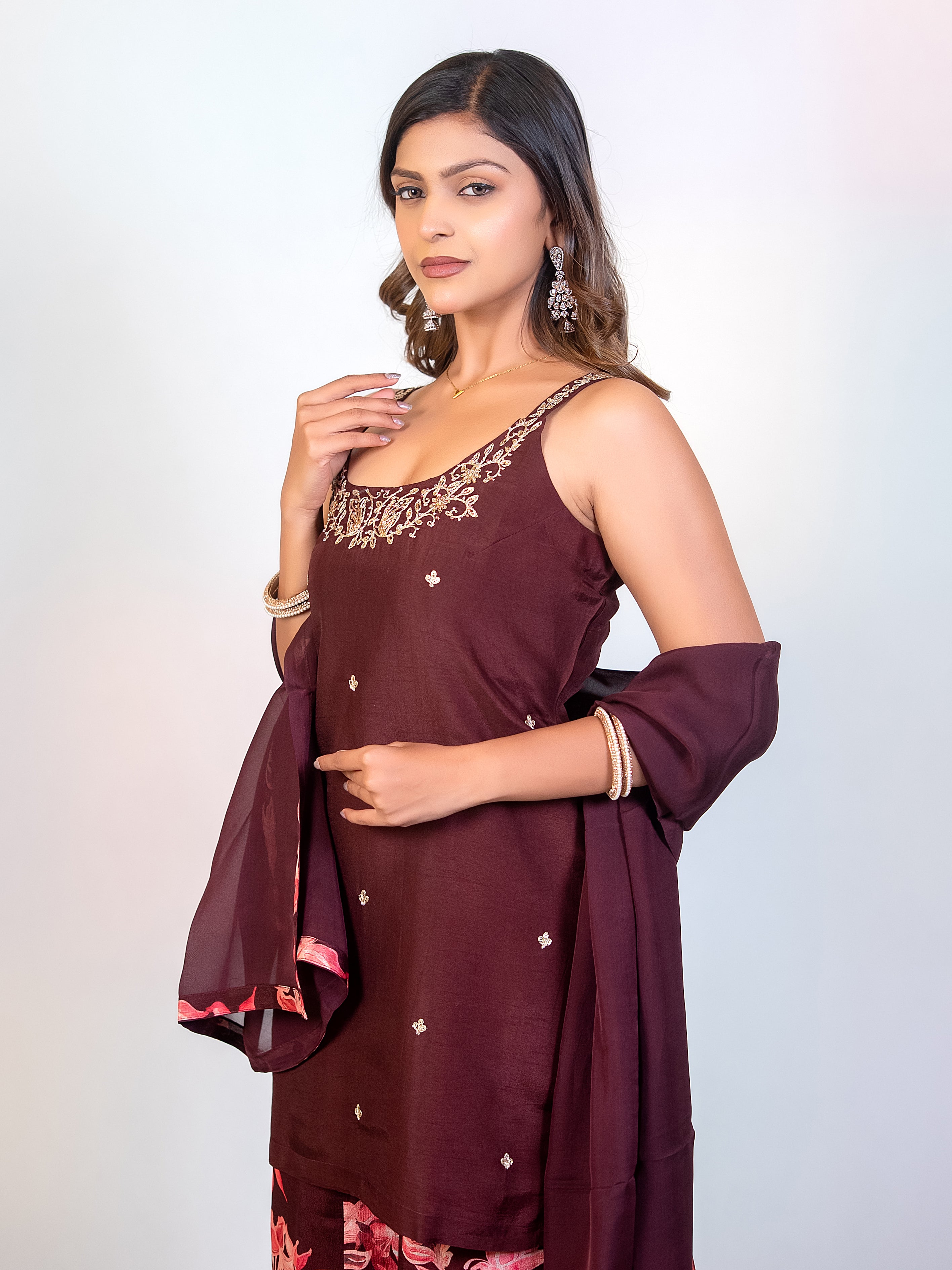 Dola Silk Coffee Short Top & Sharara Set