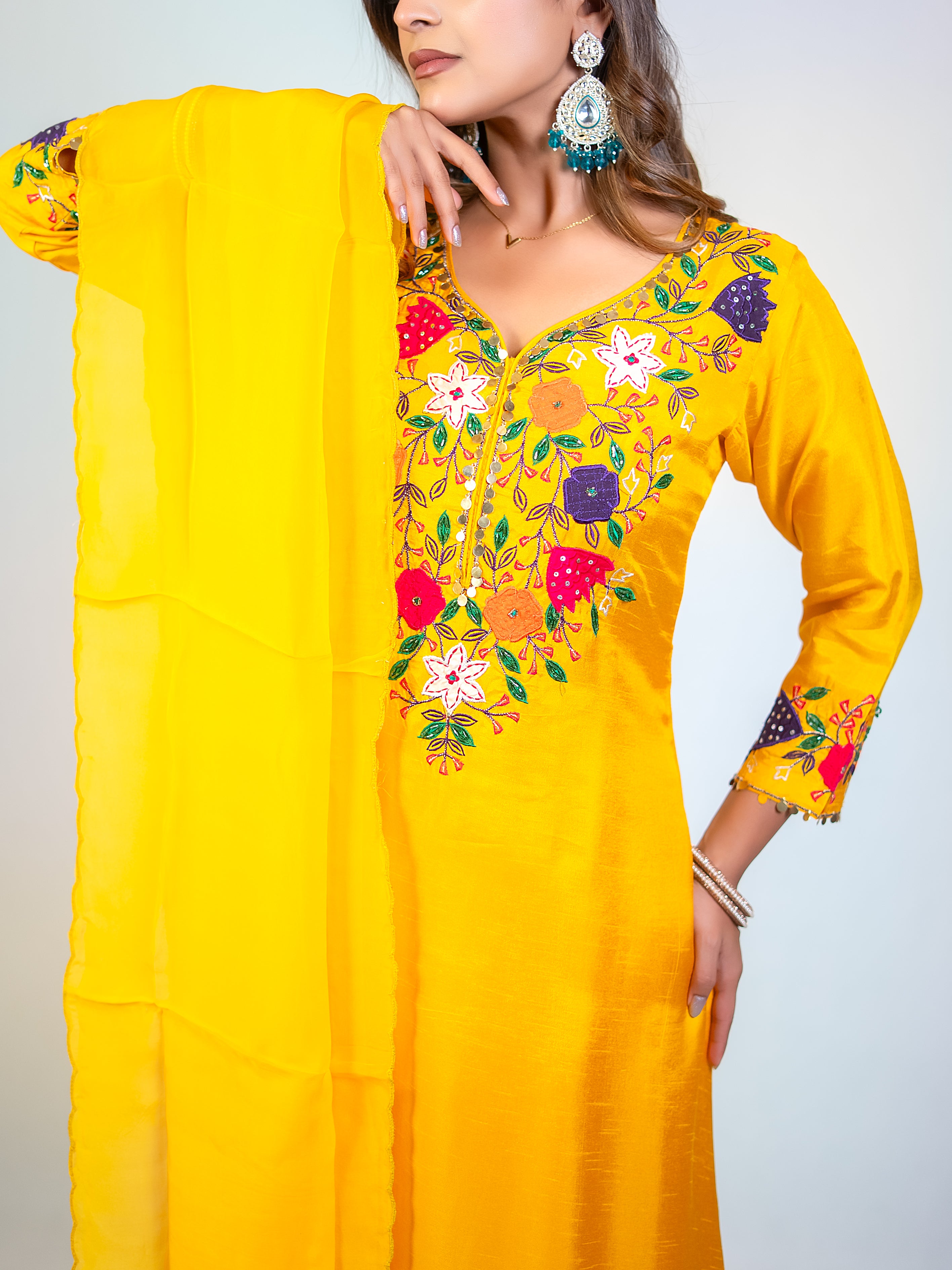 Yellow Dola Silk A-Line Salwar Suit