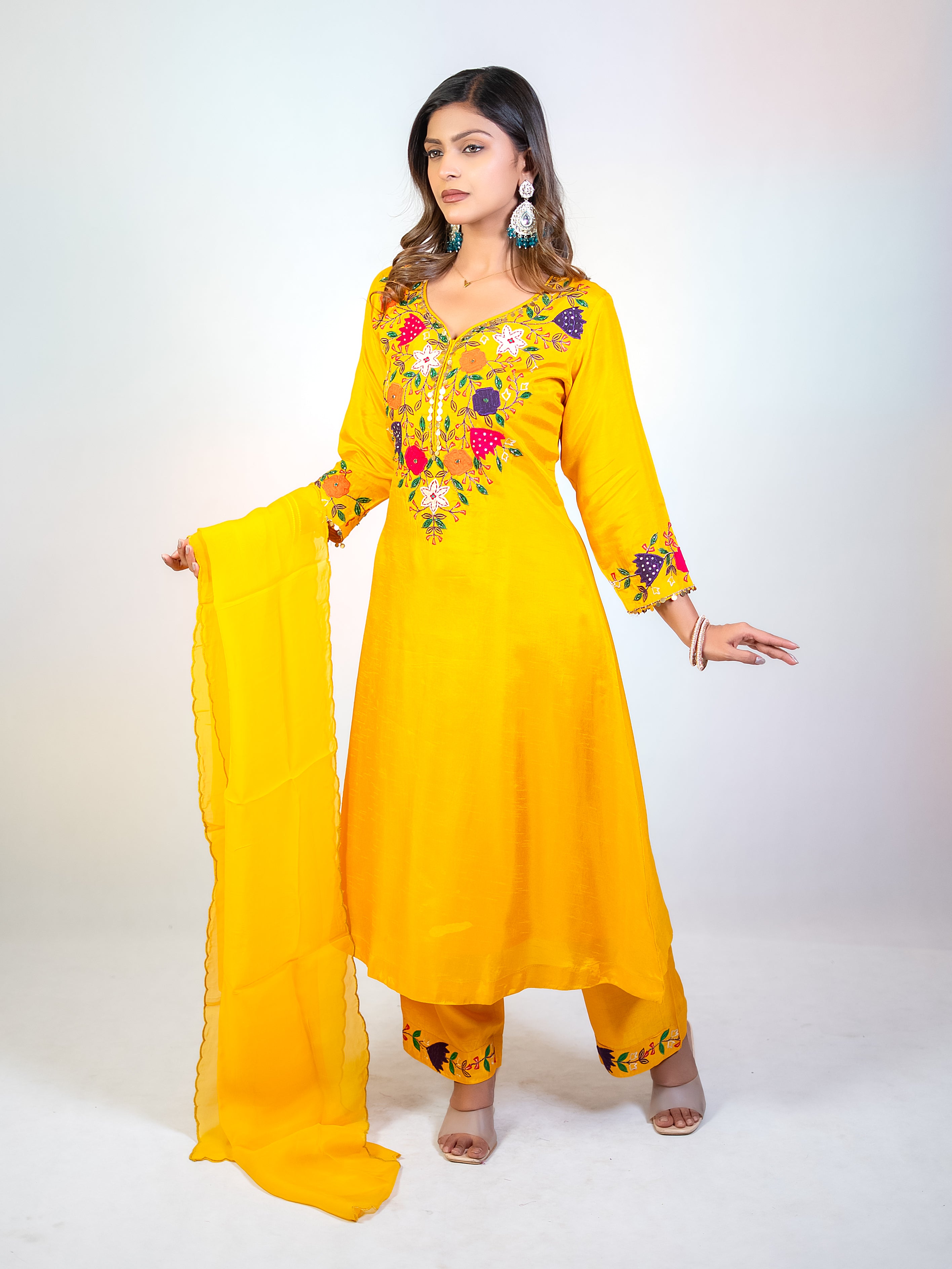 Yellow Dola Silk A-Line Salwar Suit