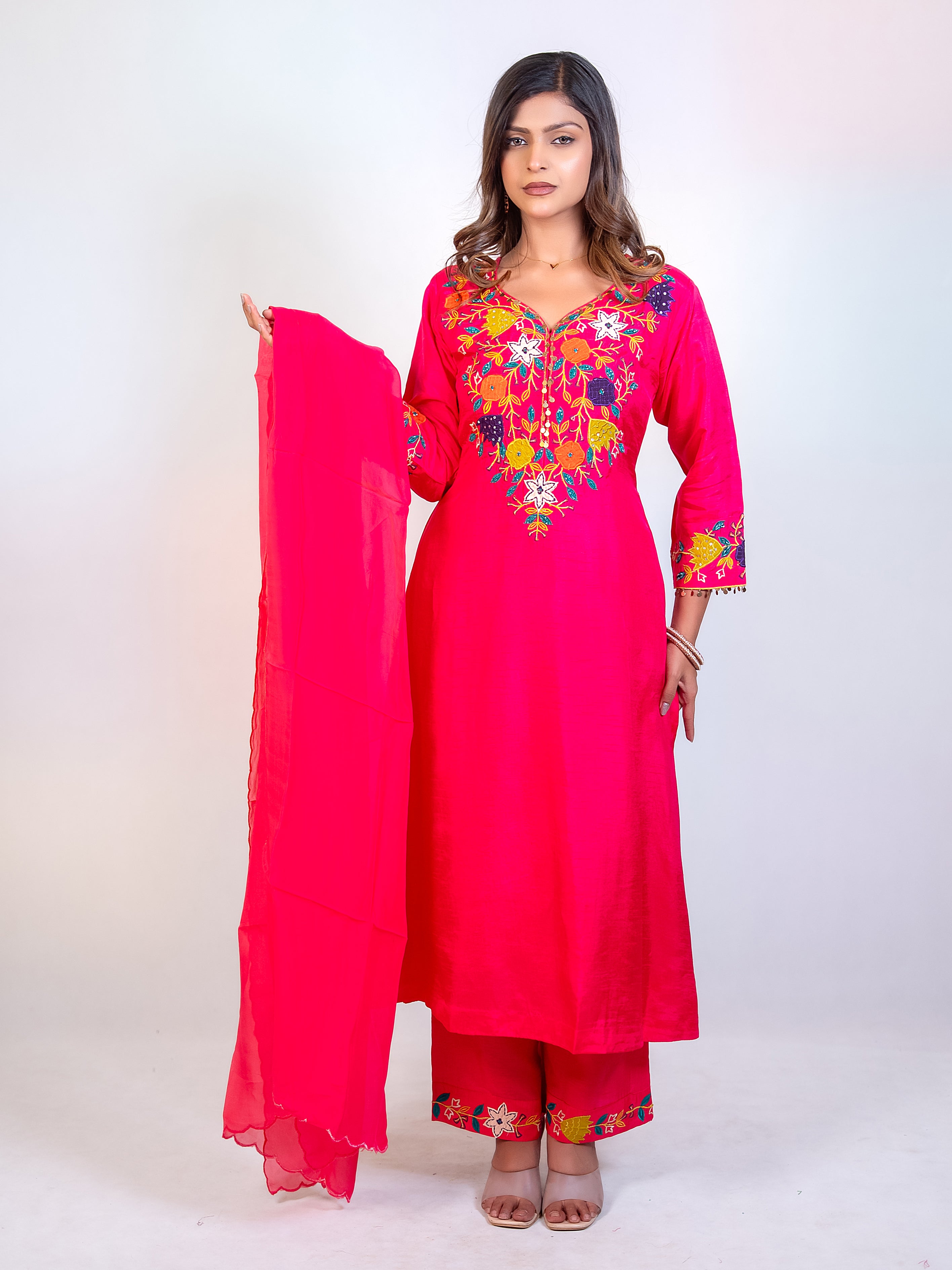 Pink Dola Silk A-Line Salwar Suit