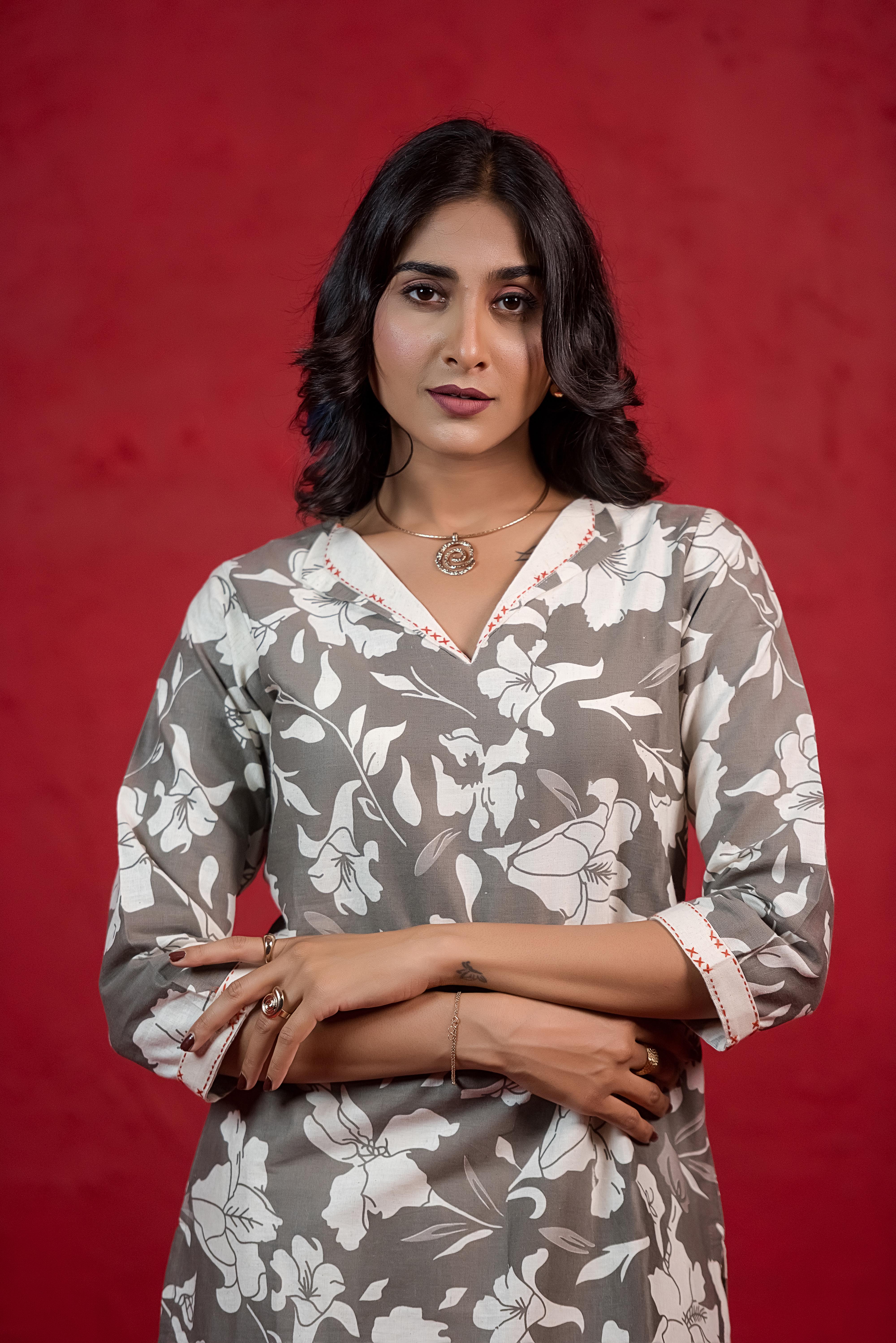 Refined Grey Co-ord Set with Fold-Cuff Sleeves