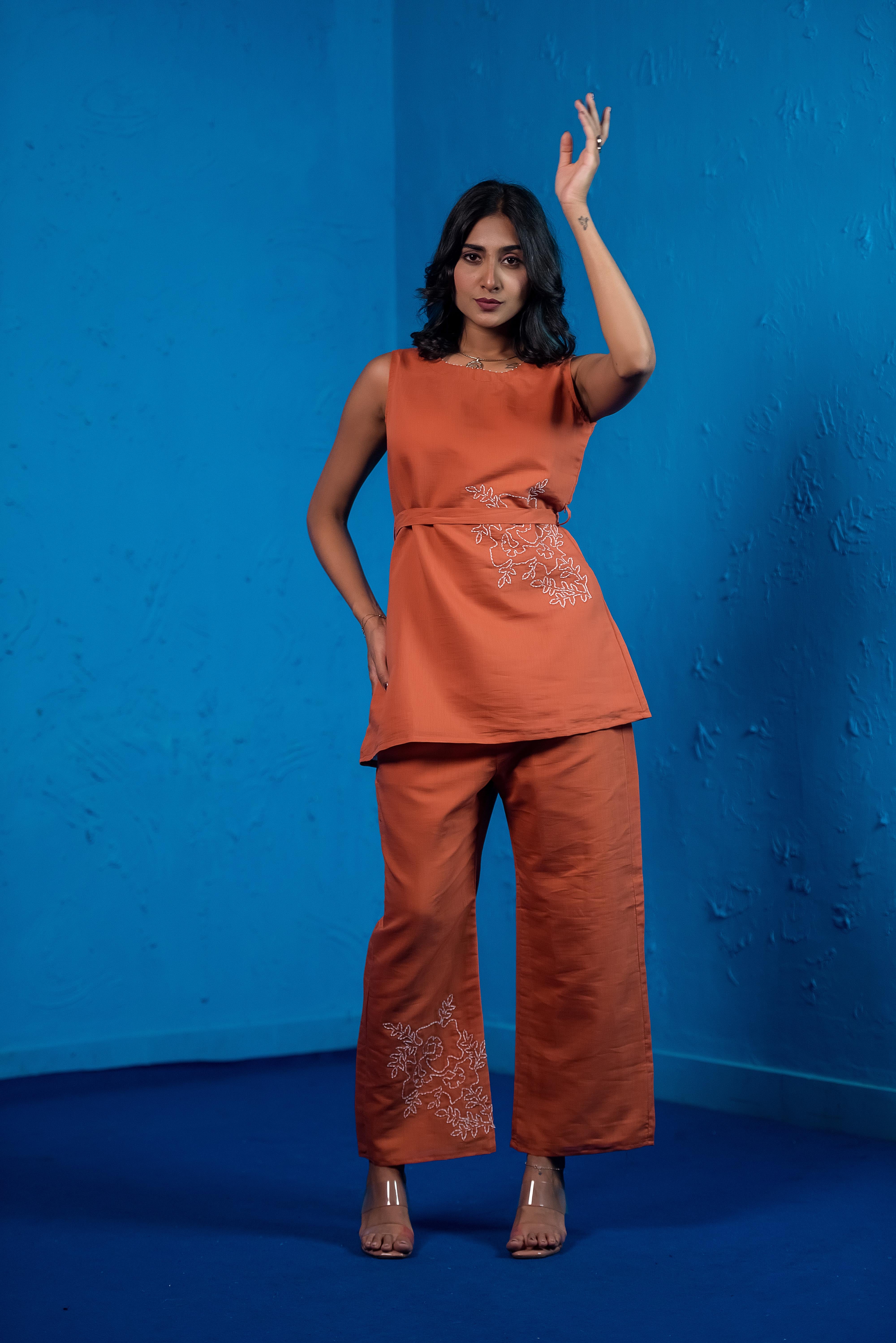Orange Co-ord Set with Round Neck & Exquisite Embroidery