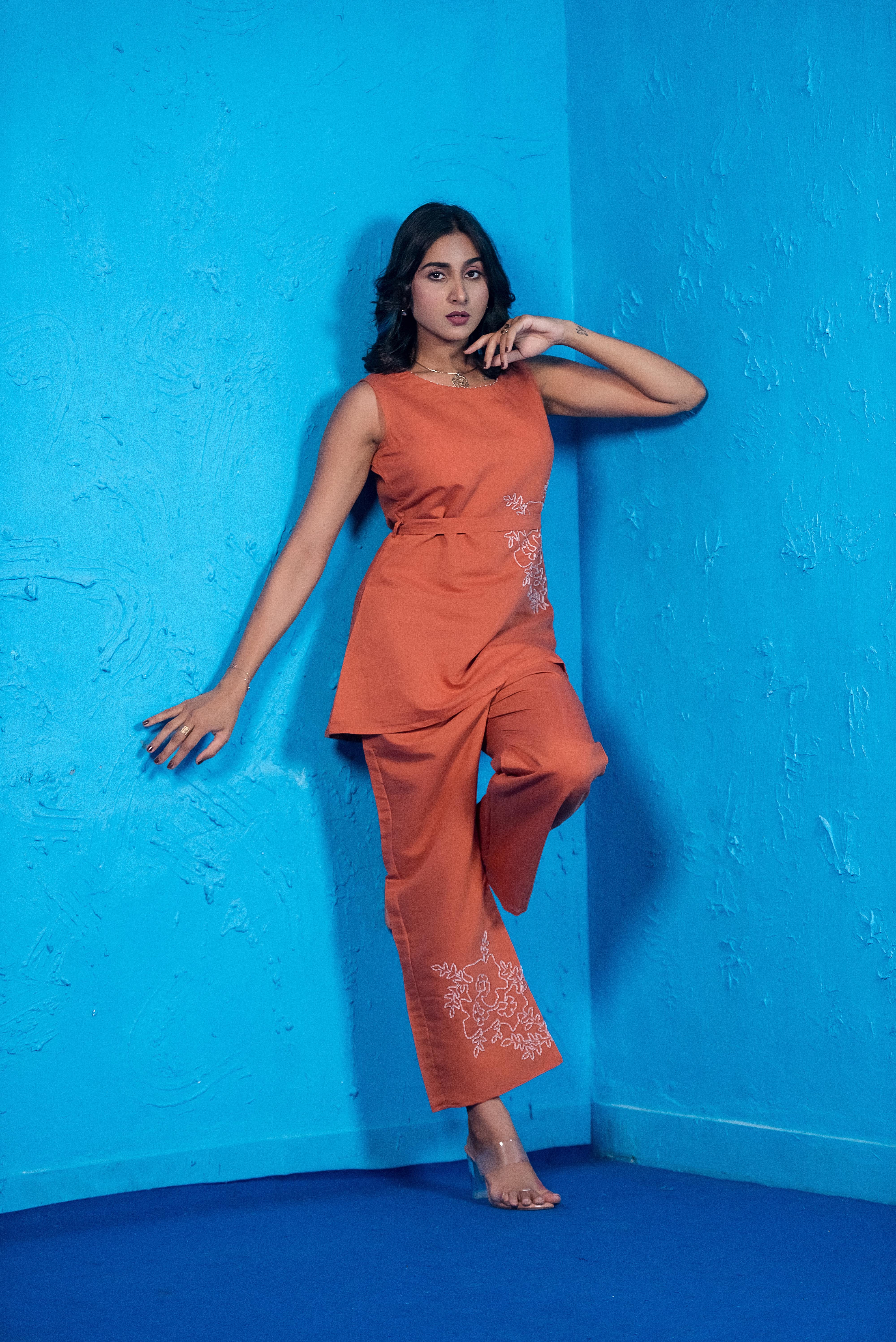 Orange Co-ord Set with Round Neck & Exquisite Embroidery