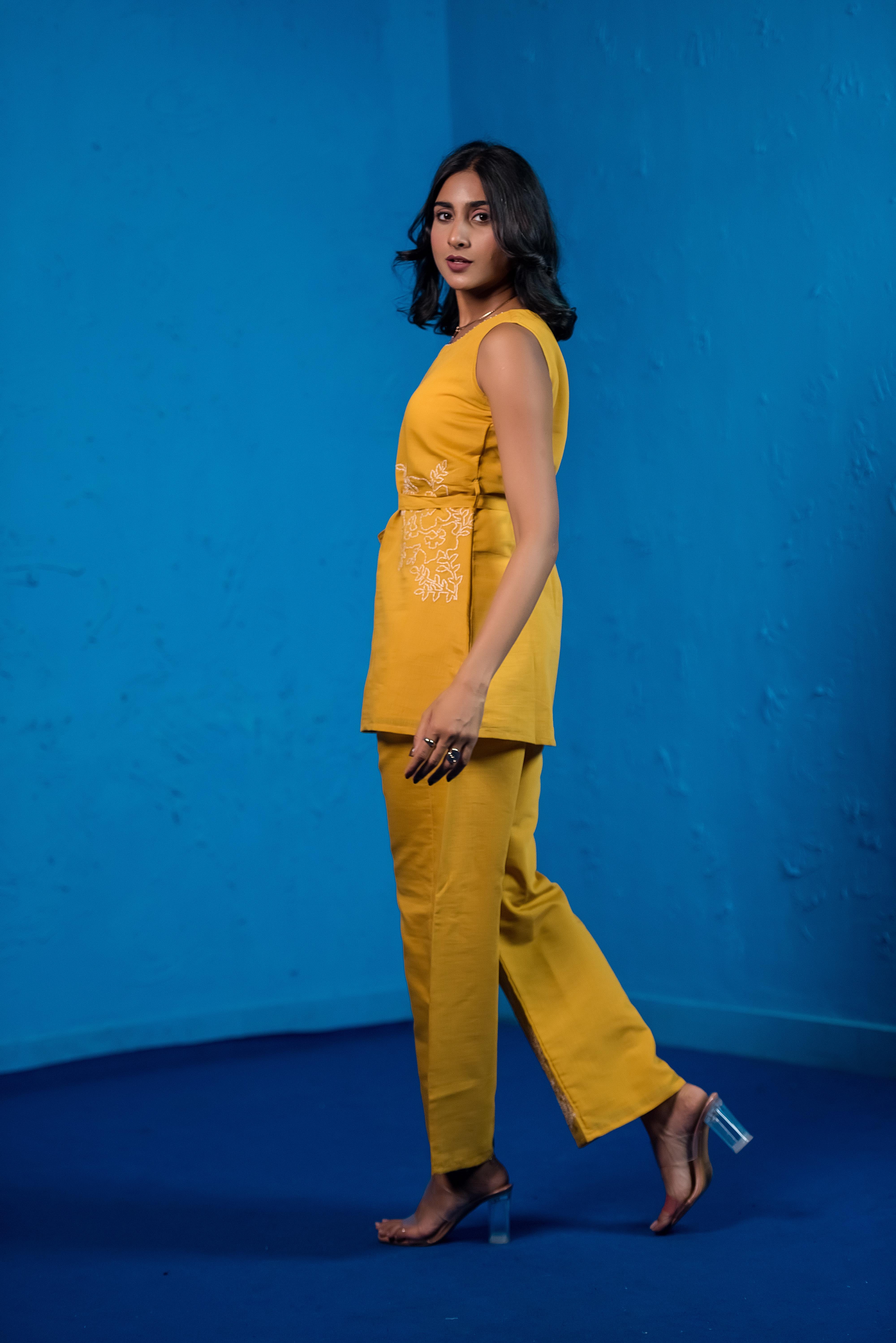 Yellow Co-ord Set with Round Neck & Exquisite Embroidery