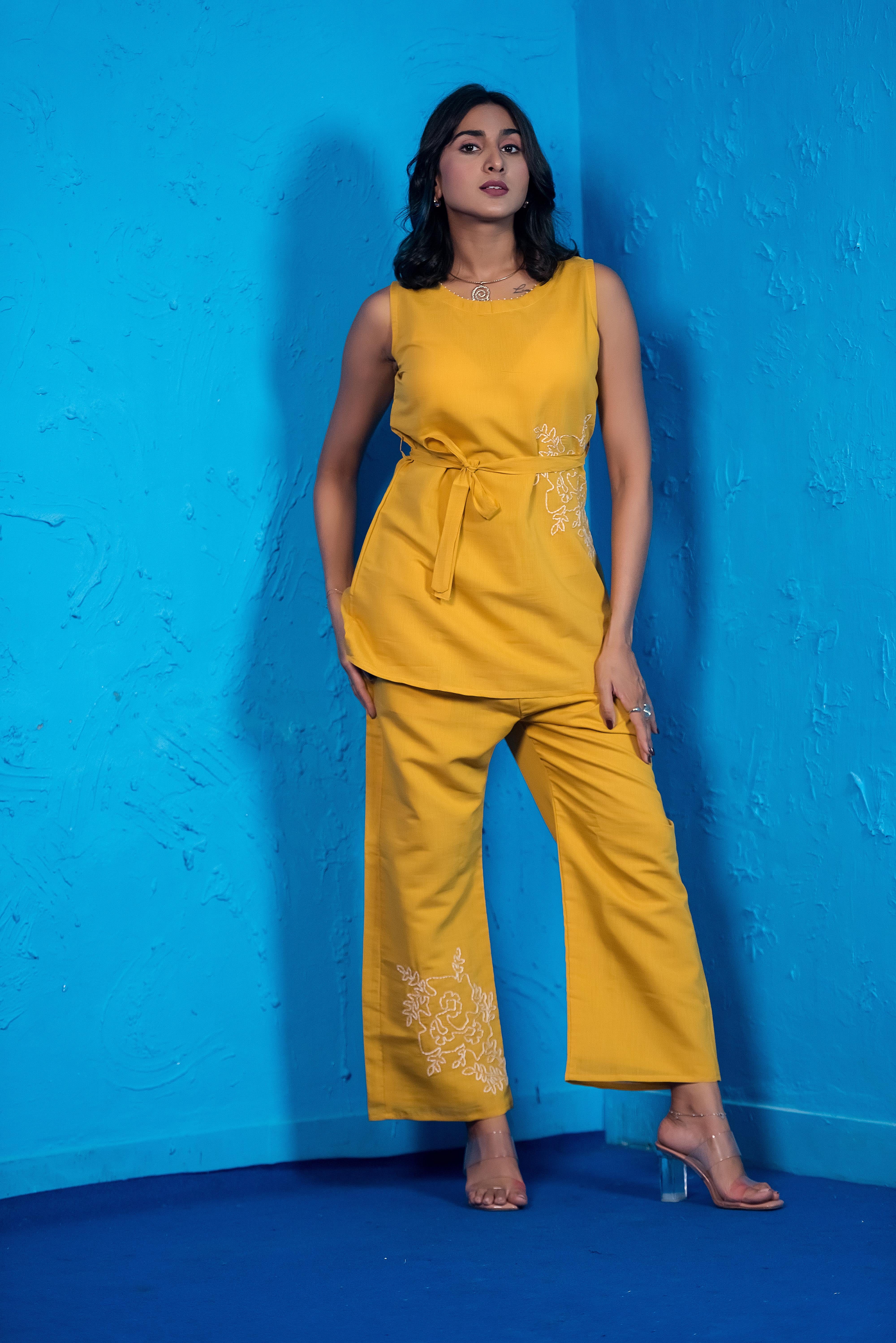 Yellow Co-ord Set with Round Neck & Exquisite Embroidery
