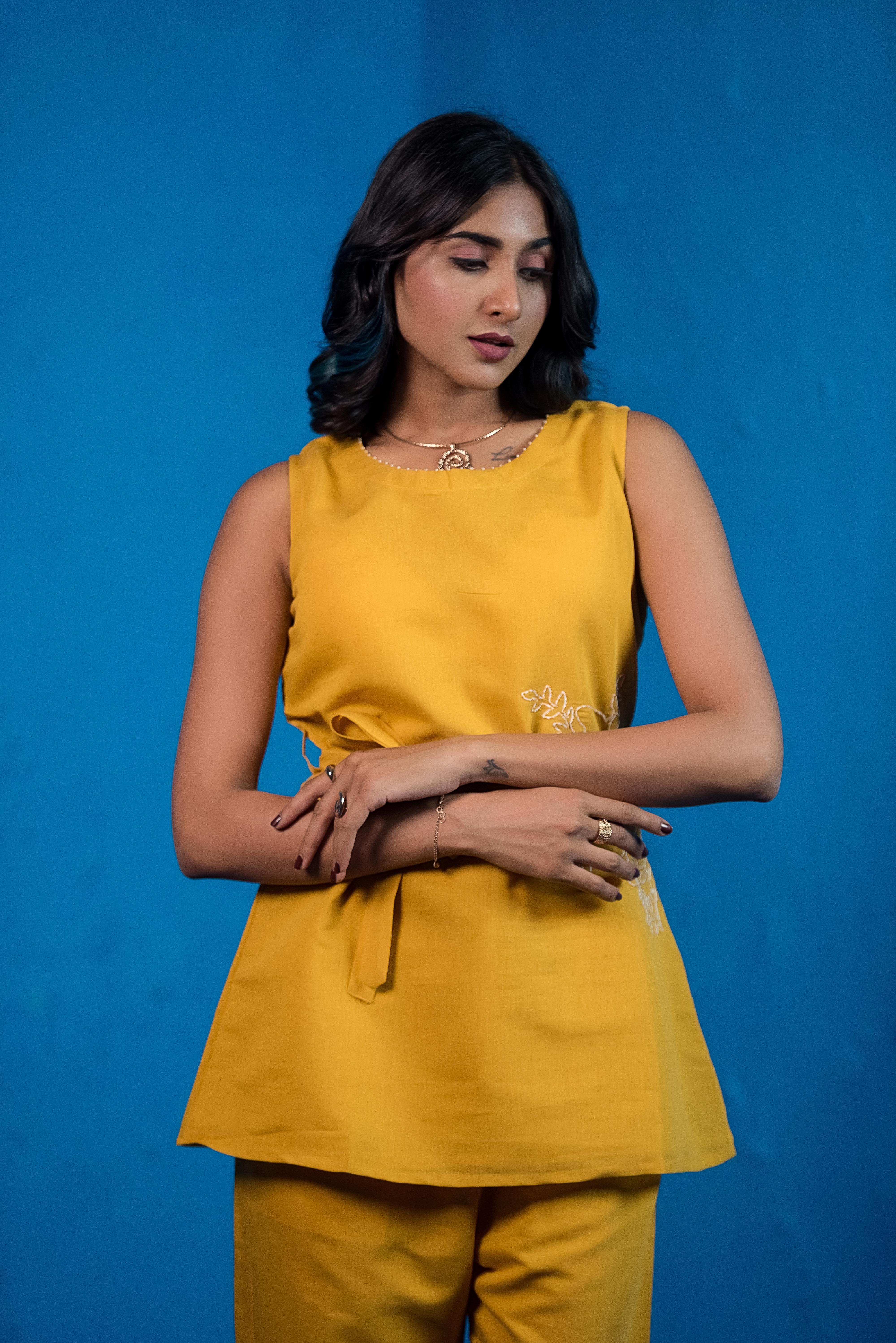 Yellow Co-ord Set with Round Neck & Exquisite Embroidery