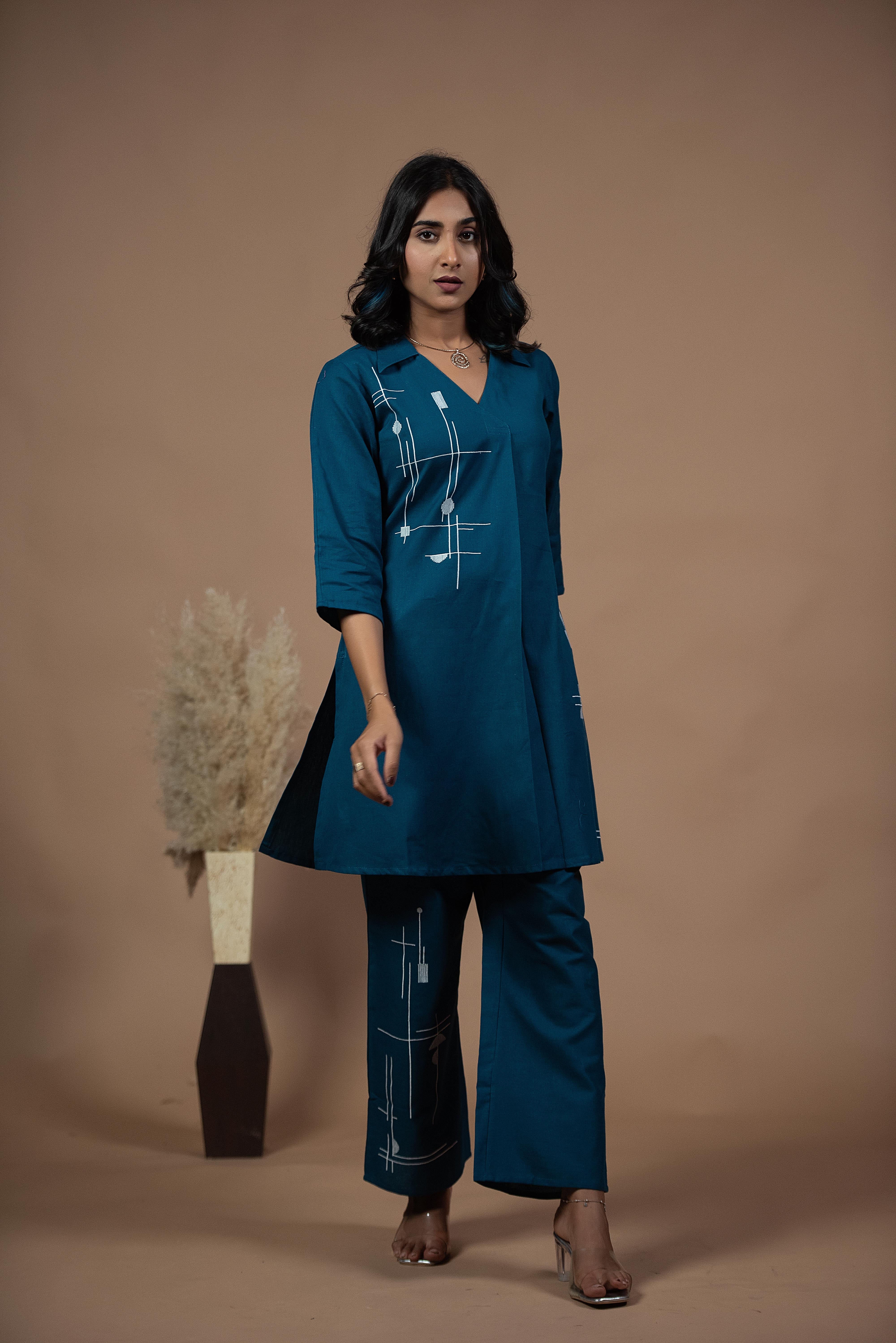 Versatile Blue Co-ord Set with Refined Neckline