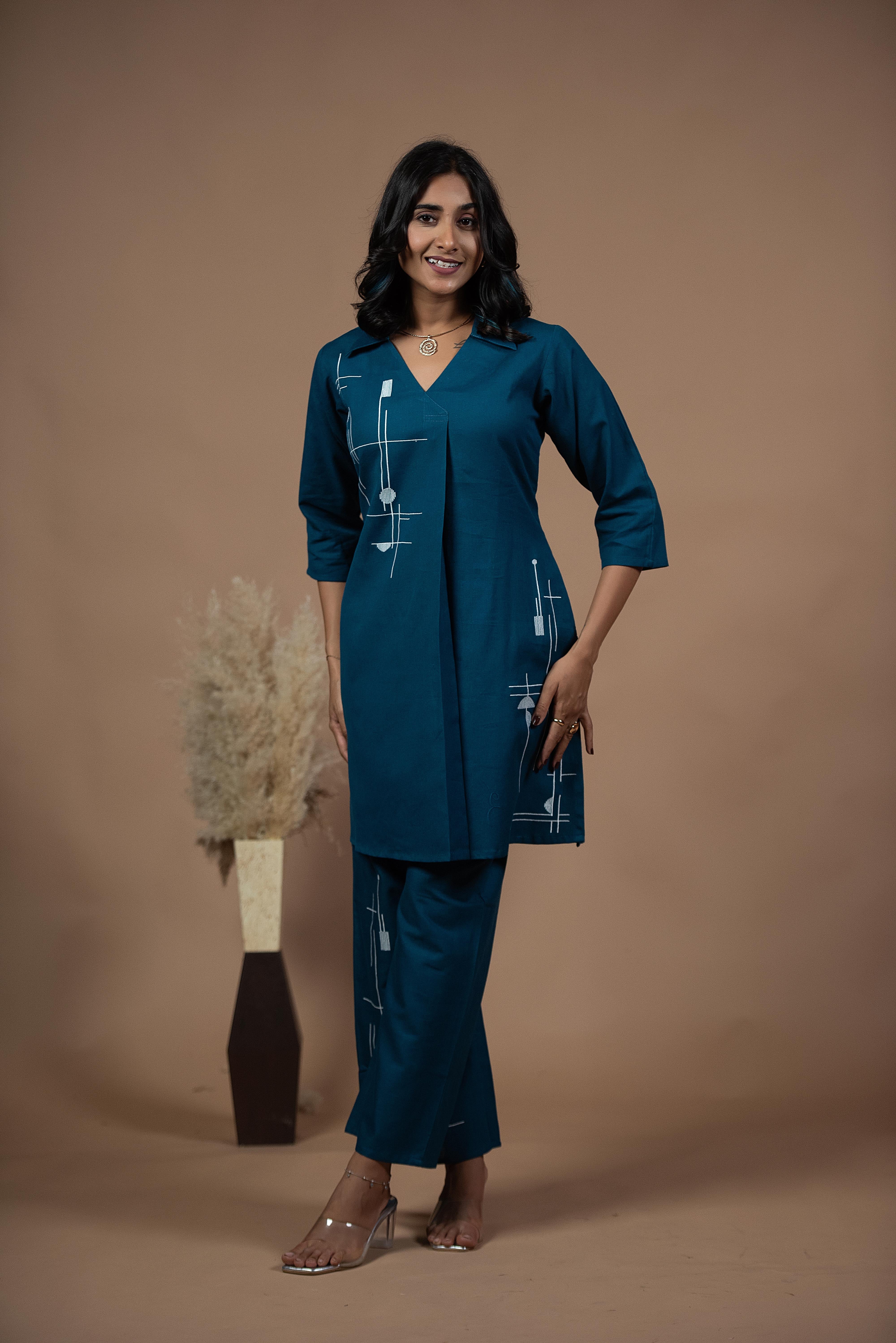Versatile Blue Co-ord Set with Refined Neckline