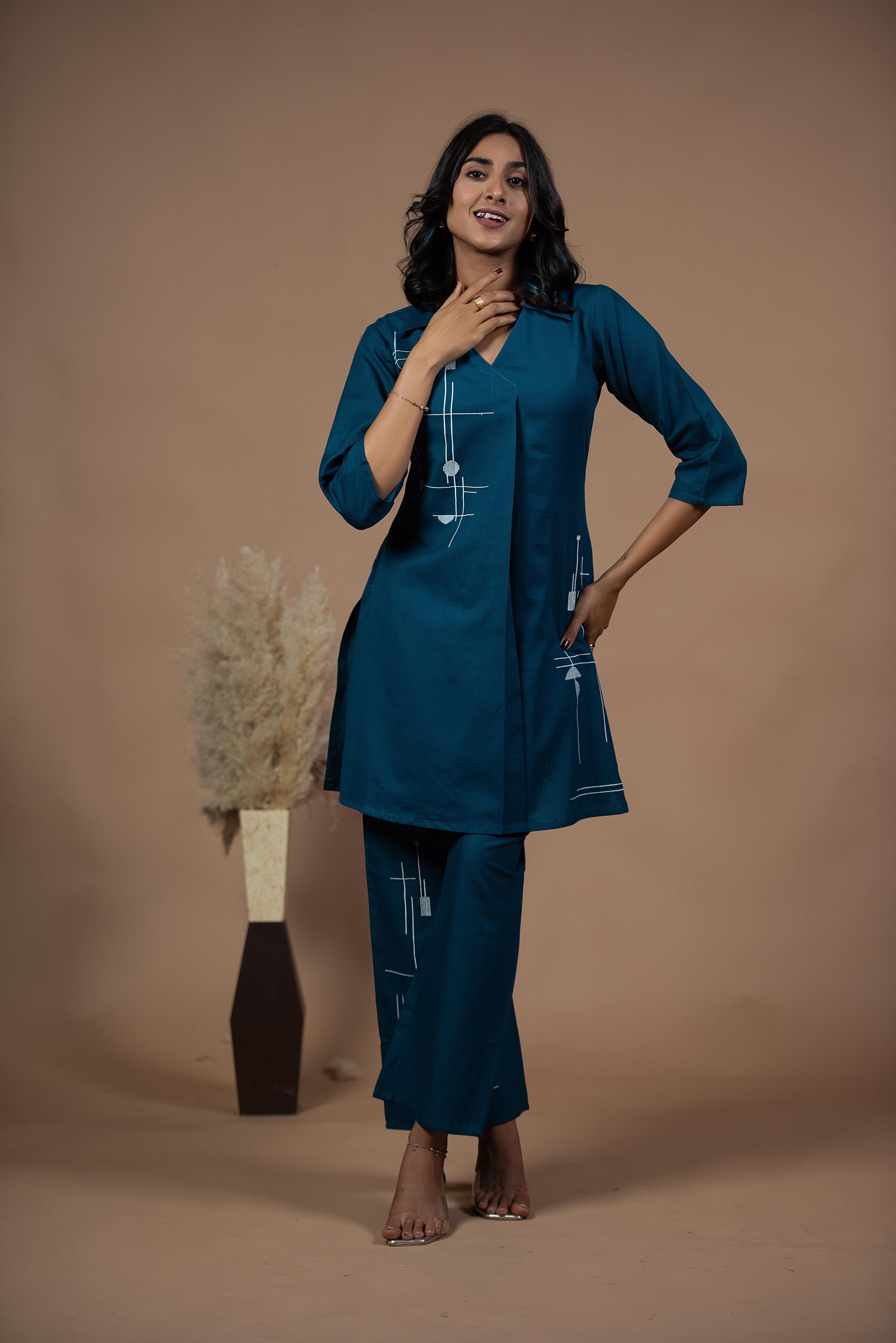 Versatile Blue Co-ord Set with Refined Neckline