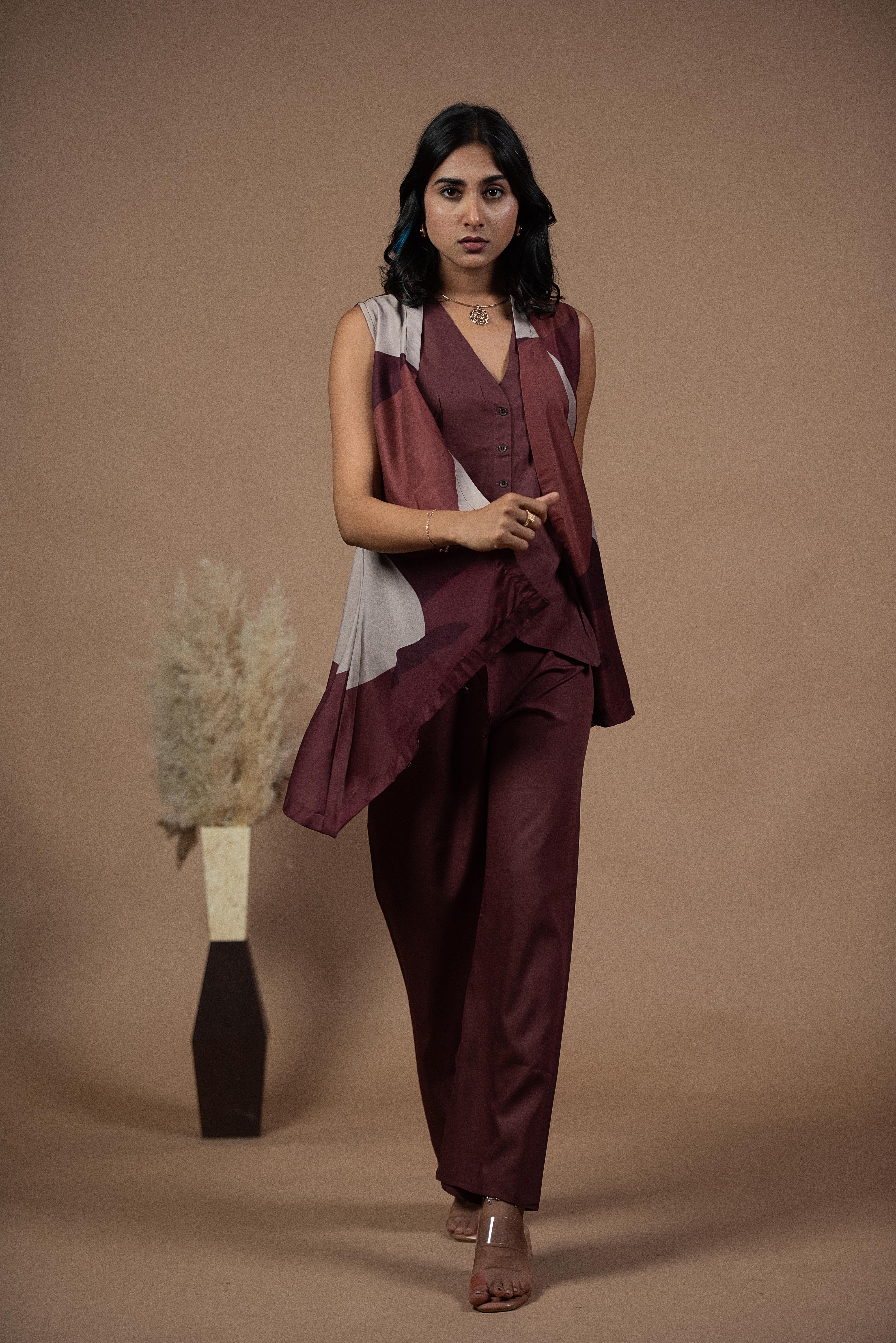 Elegant Wine Sleeveless Co-ord Set