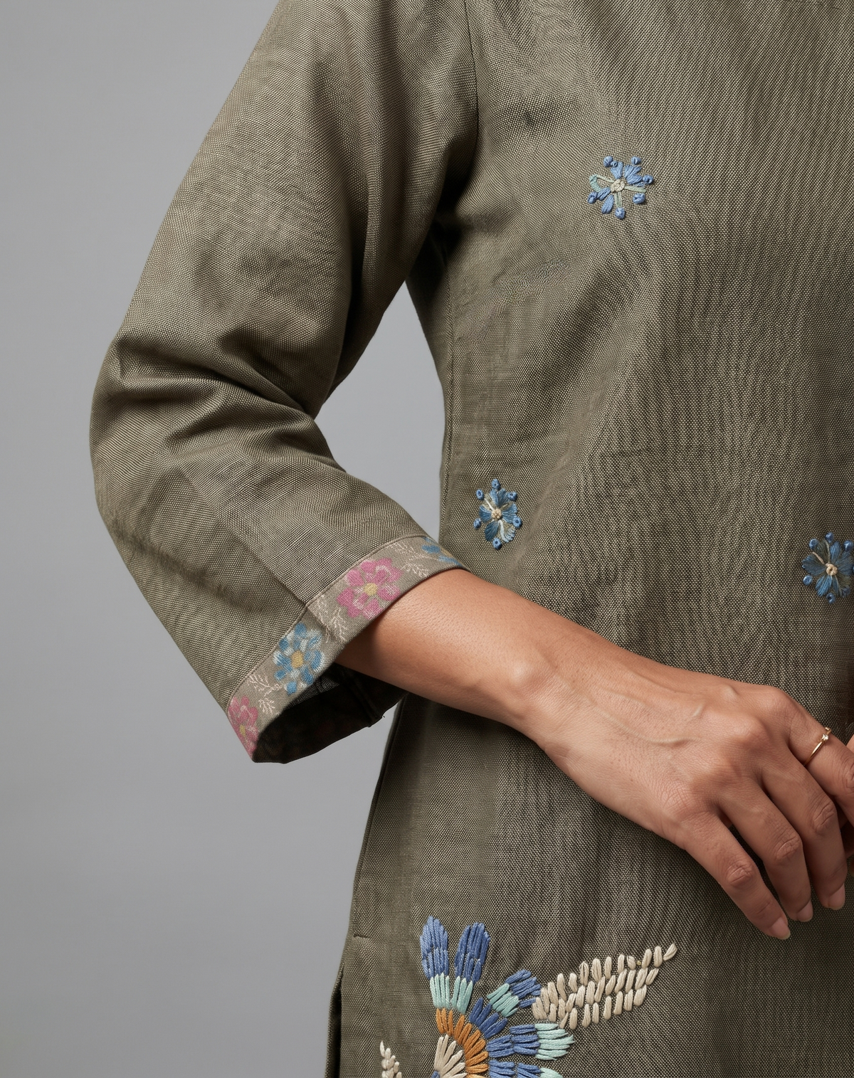 Mehandi Semi-Linen Straight Salwar Suit Set