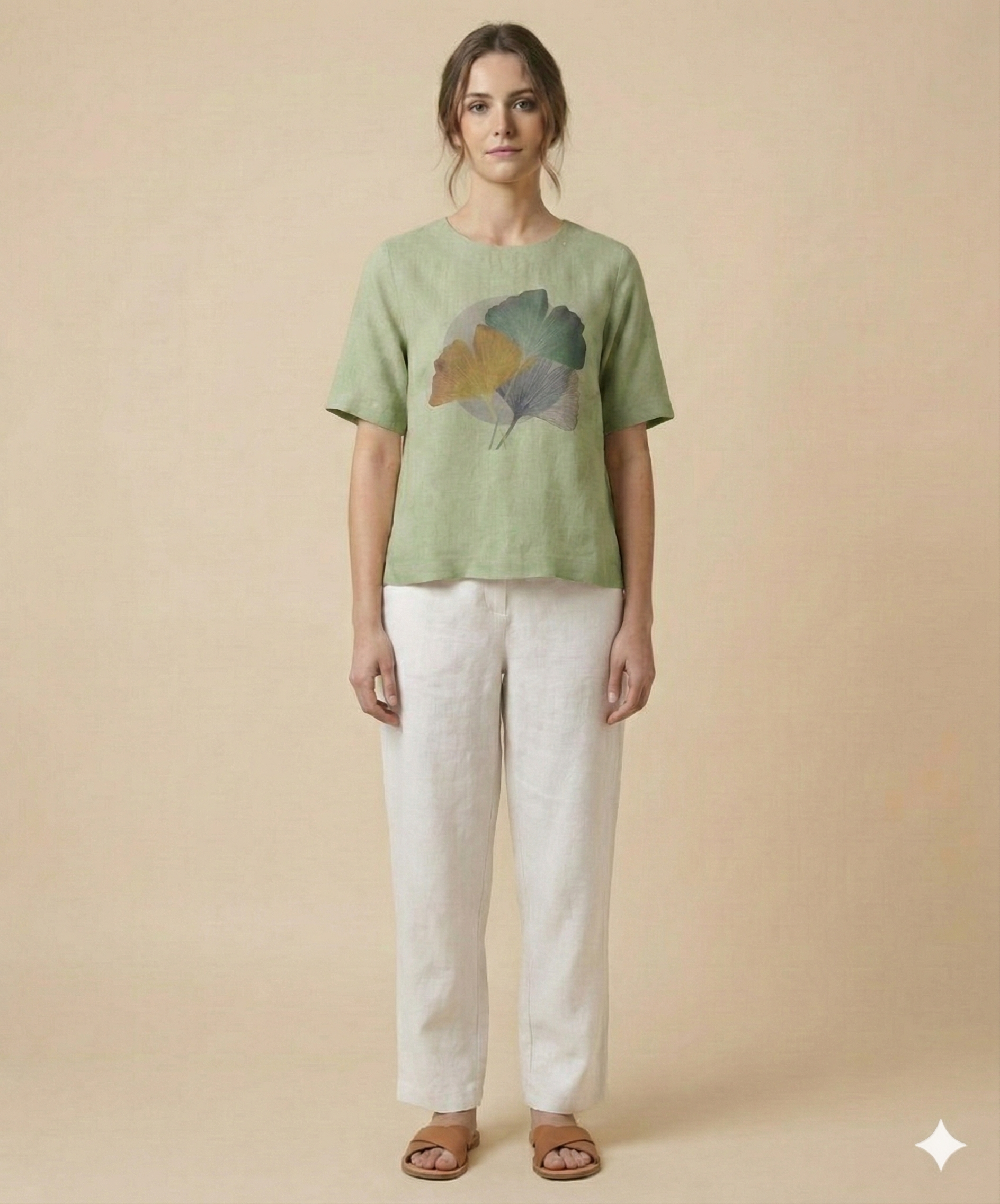 Women Relaxed Fit Linen Leaf Motif Top