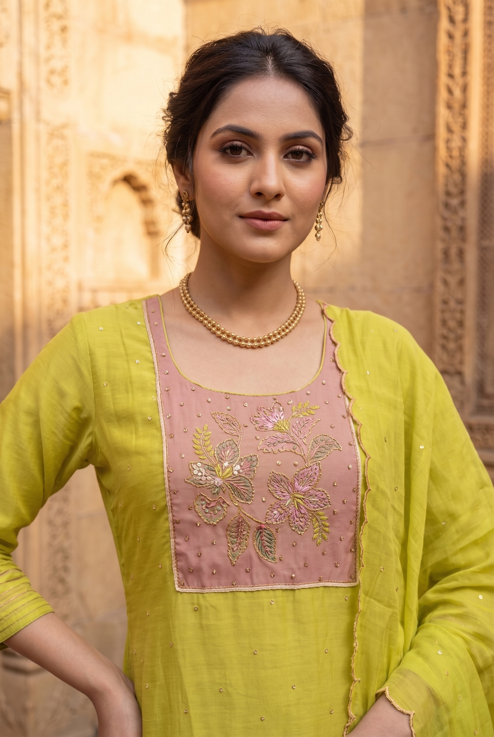 Mustered poly mal chanderi straight festive salwar suit