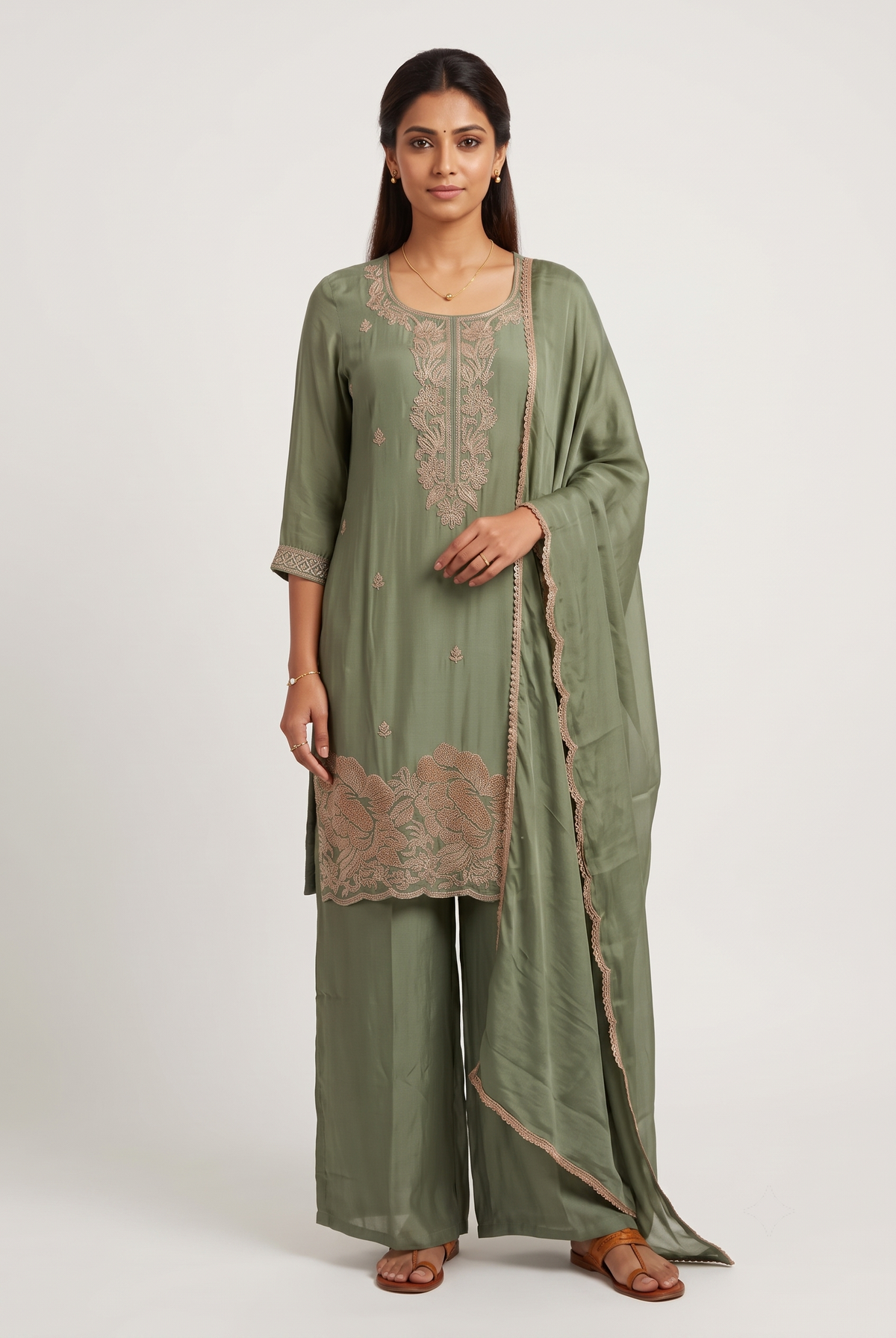 Green Chinnon silk Straight Suit Set