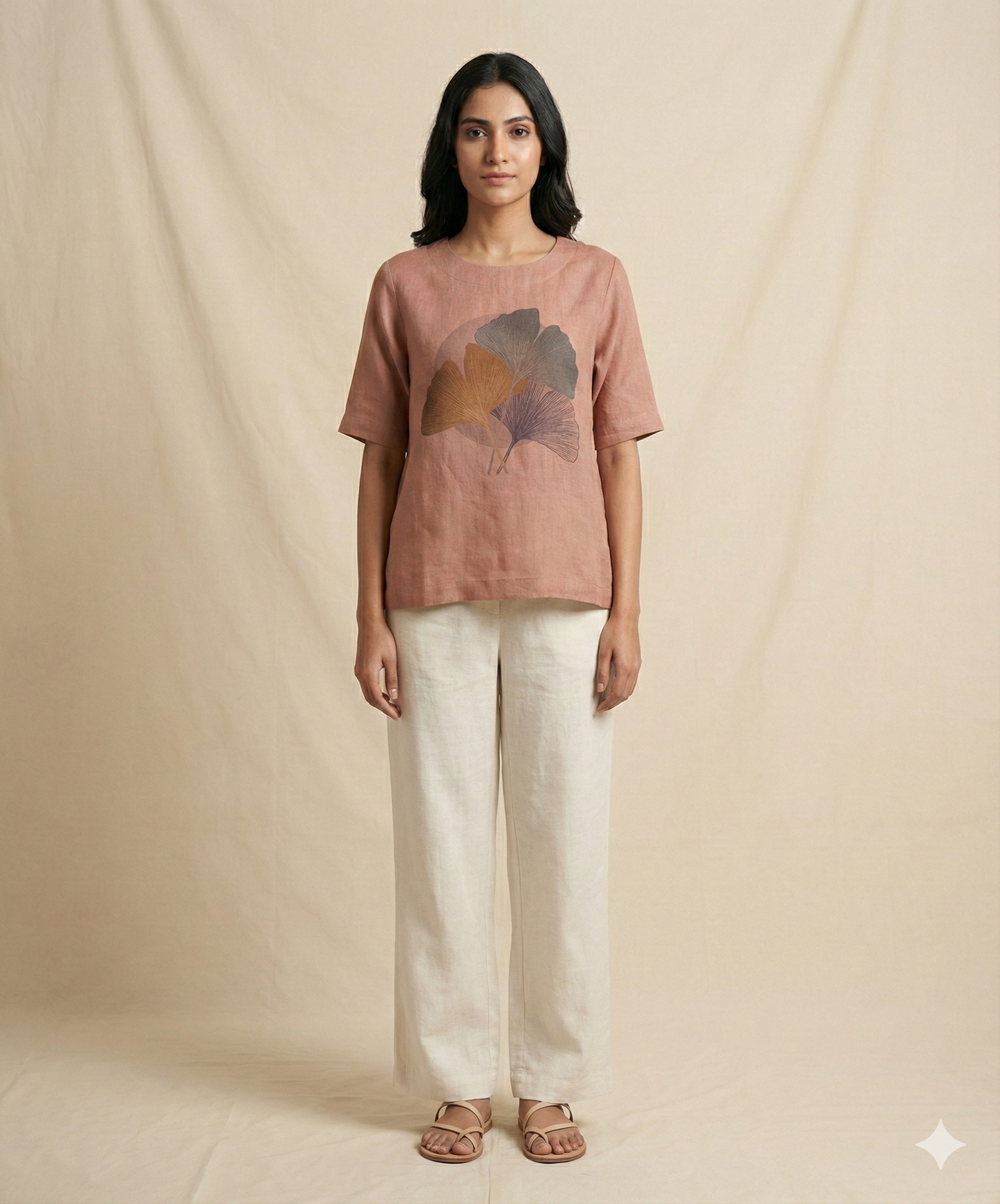 Women Relaxed Fit Linen Leaf Motif Top