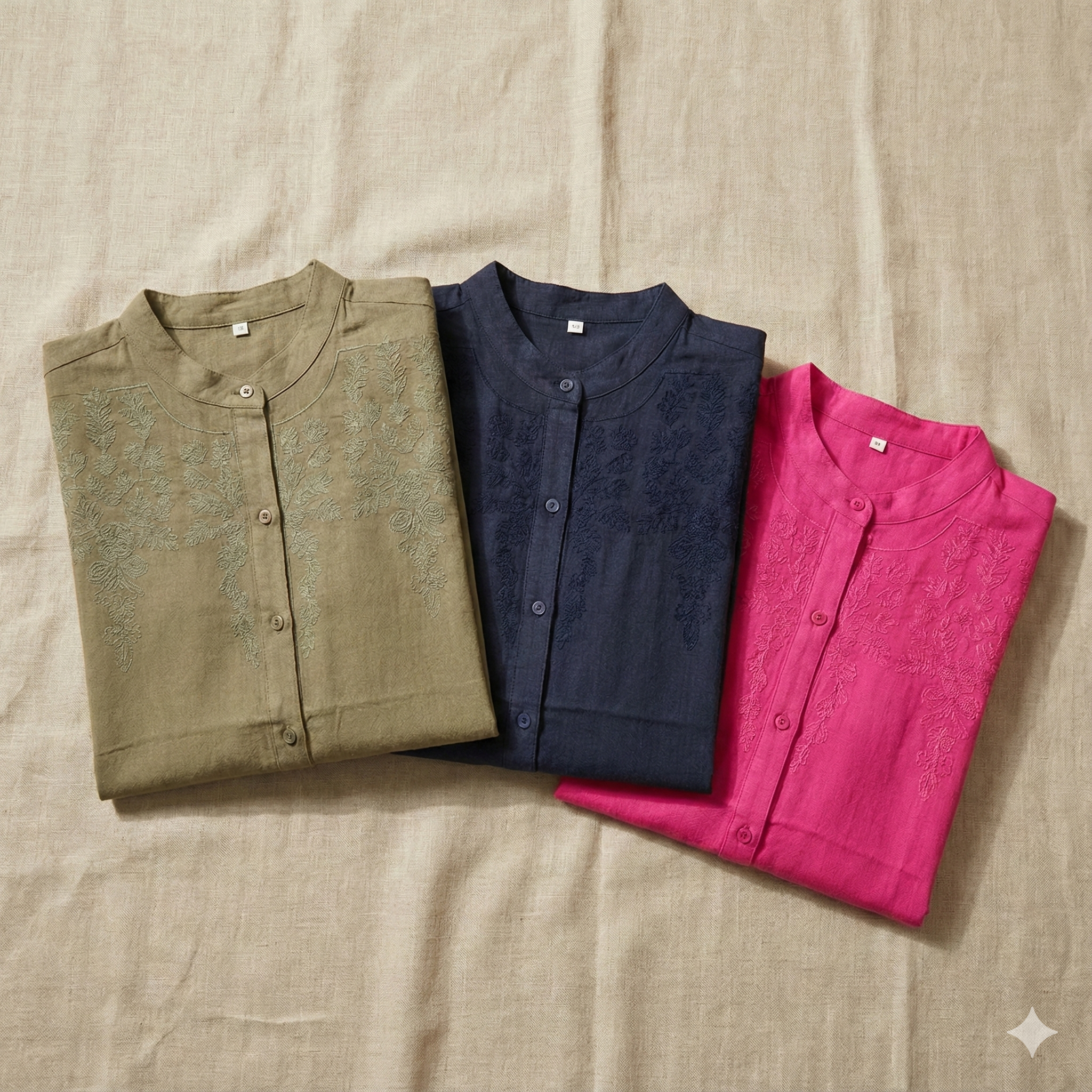 Floral Embroidered Mandarin-Collar Casual Shirt