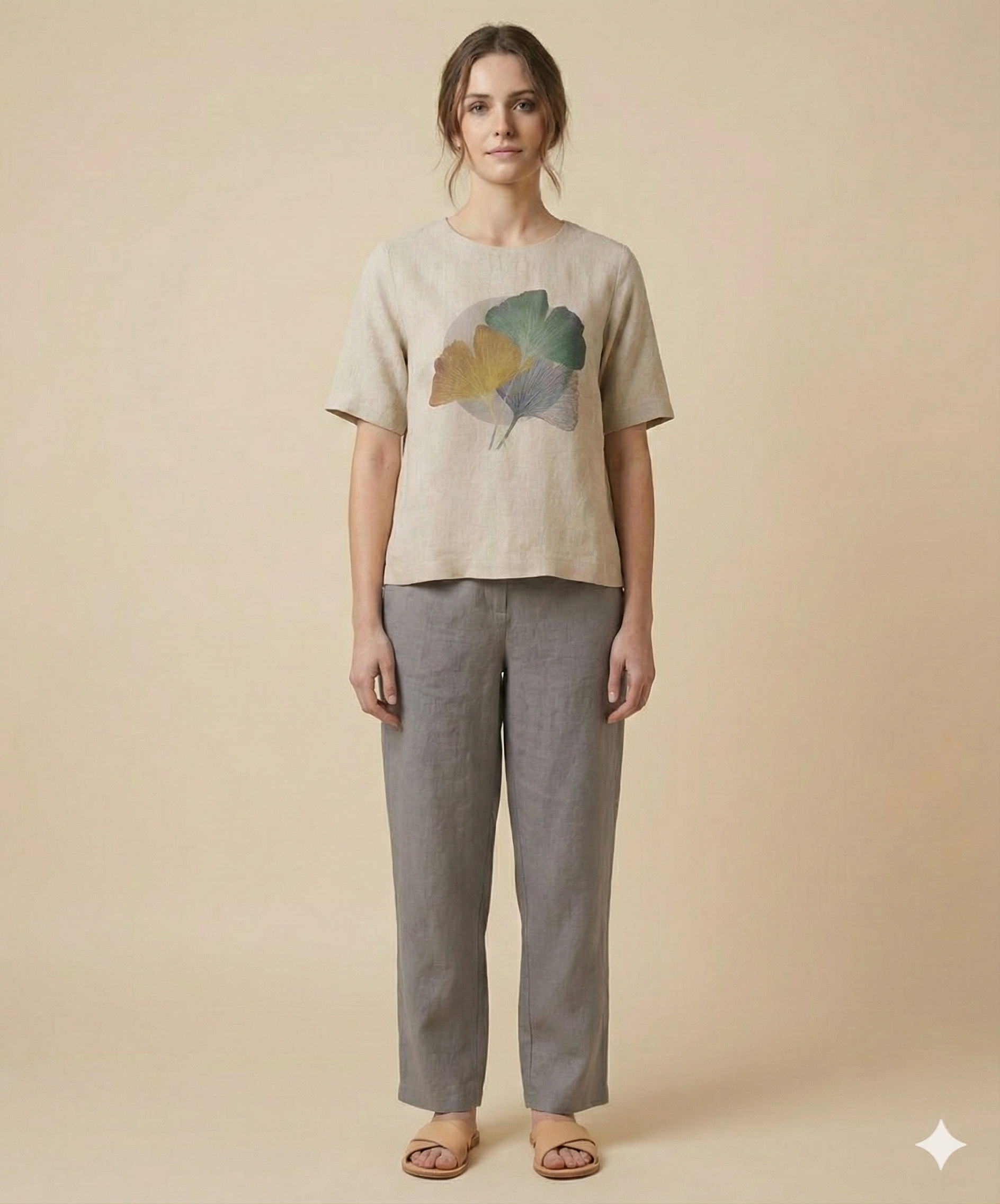 Women Relaxed Fit Linen Leaf Motif Top